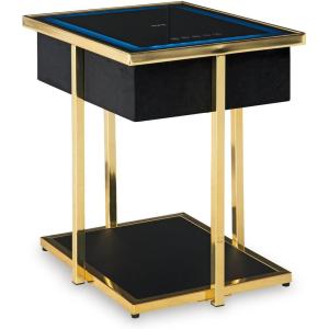 Signature Design by Ashley Rexwell Modern Glass Top Accent Table with Speaker, Wireless Charging, LED Lights and USB Ports, Black & Metallic