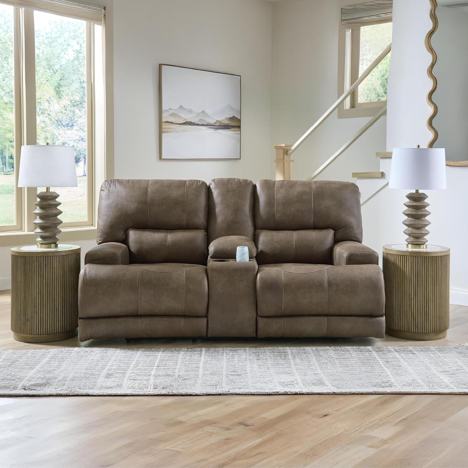 imageSignature Design by Ashley Bealeaf Contemporary Power Reclining Loveseat with Console Adjustable Headrest USB Charging Ports and Storage Dark Brown