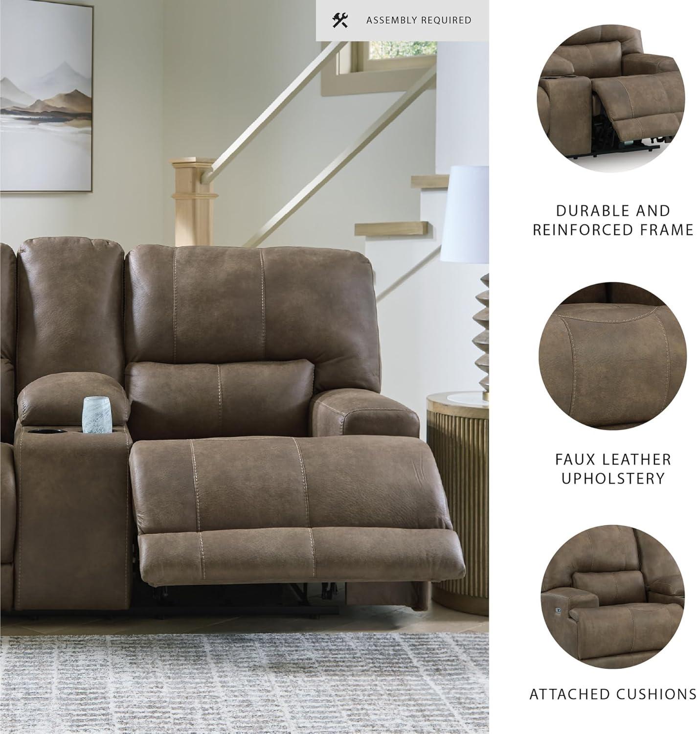 imageSignature Design by Ashley Bealeaf Contemporary Power Reclining Loveseat with Console Adjustable Headrest USB Charging Ports and Storage Dark Brown
