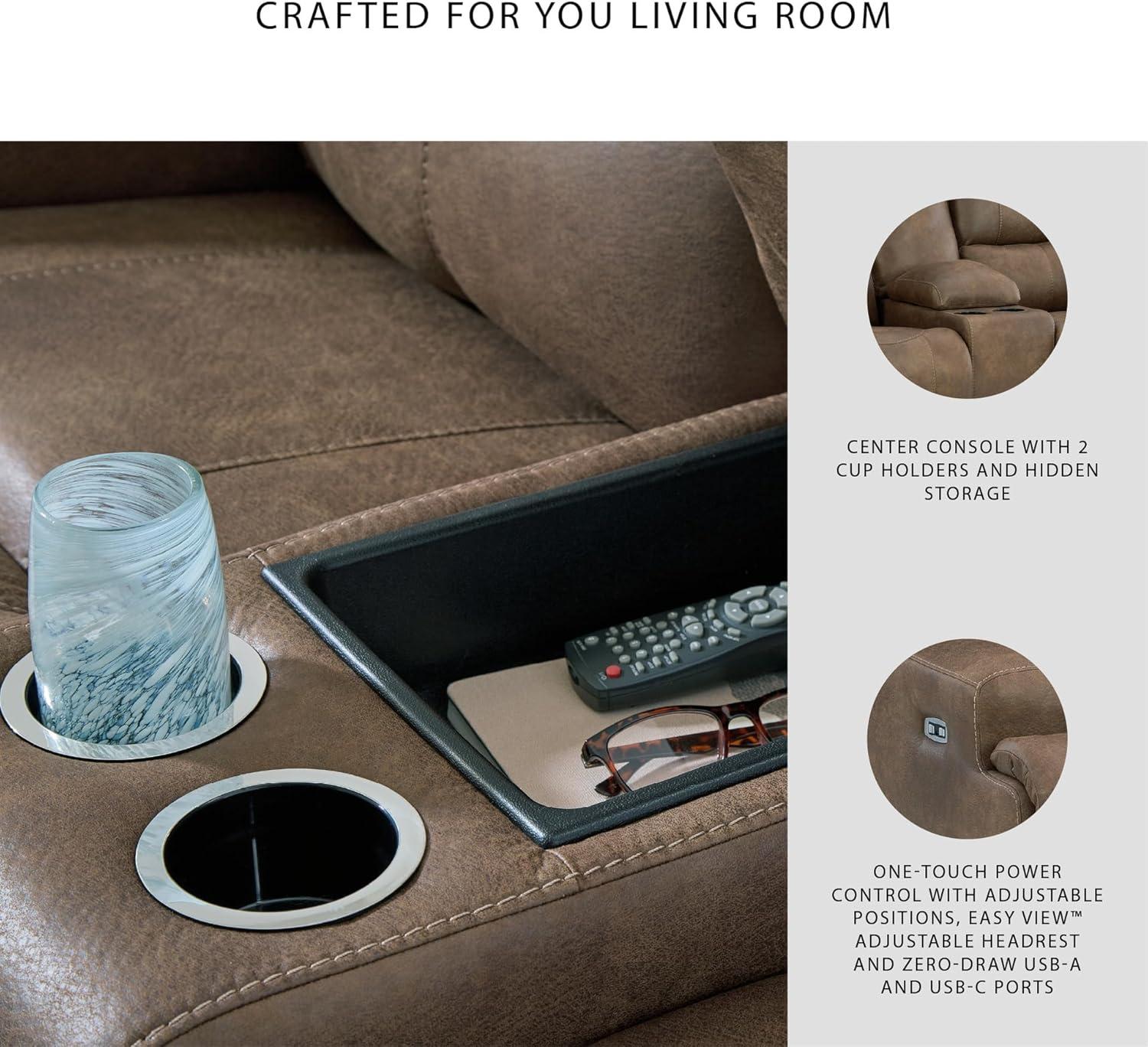 imageSignature Design by Ashley Bealeaf Contemporary Power Reclining Loveseat with Console Adjustable Headrest USB Charging Ports and Storage Dark Brown