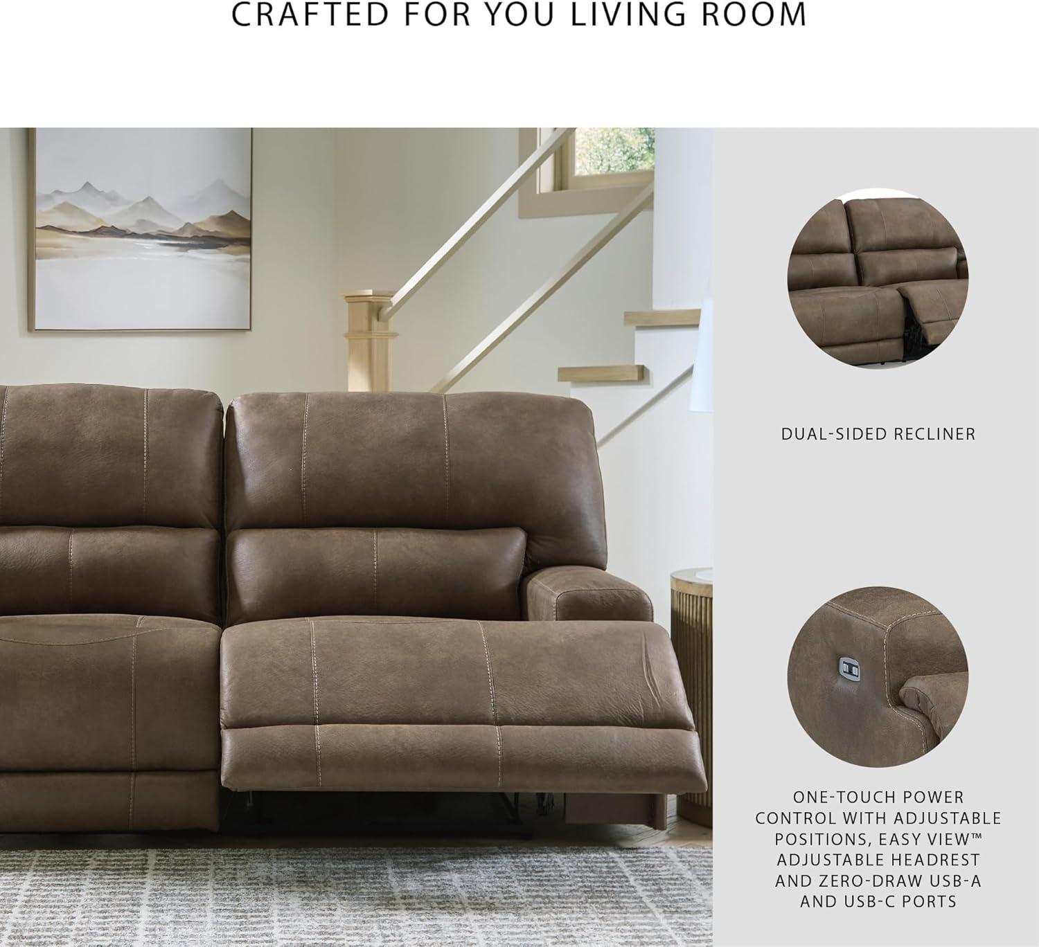 imageSignature Design by Ashley Bealeaf Contemporary Power Reclining Sofa with Position Lock Adjustable Headrest and USB Charging Ports Dark Brown