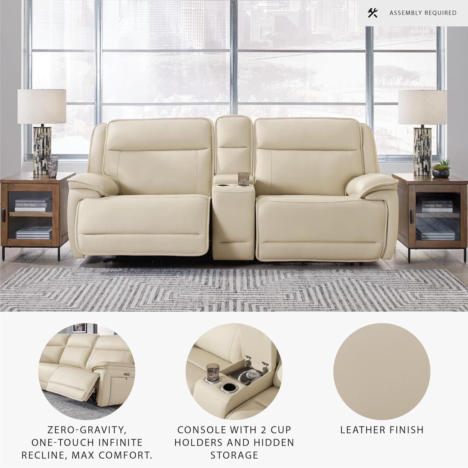 imageSignature Design by Ashley Double Deal Contemporary Leather Match 5Piece Power Reclining Sectional with Armrest USB Port and Storage Beige3Piece Power Reclining Loveseat Sectional with Console