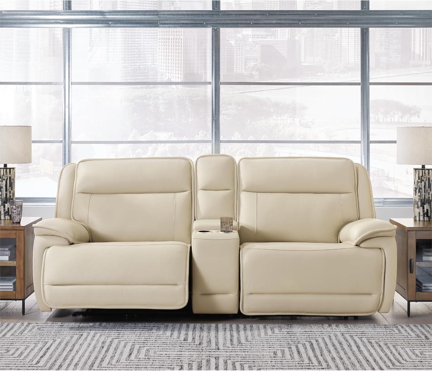 imageSignature Design by Ashley Double Deal Contemporary Leather Match 5Piece Power Reclining Sectional with Armrest USB Port and Storage Beige3Piece Power Reclining Loveseat Sectional with Console