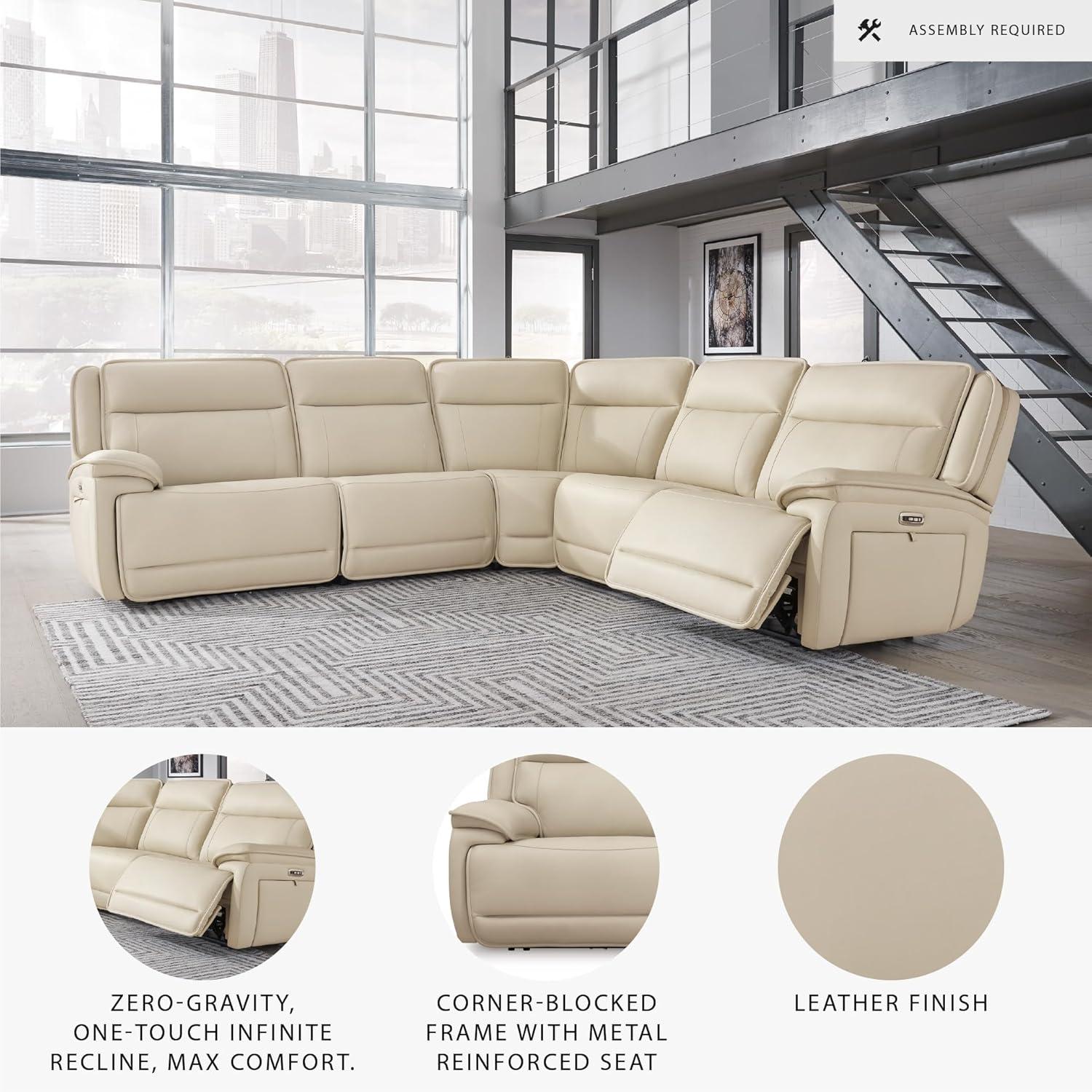 imageSignature Design by Ashley Double Deal Contemporary Leather Match 5Piece Power Reclining Sectional with Armrest USB Port and Storage Beige5Piece Power Reclining Sectional