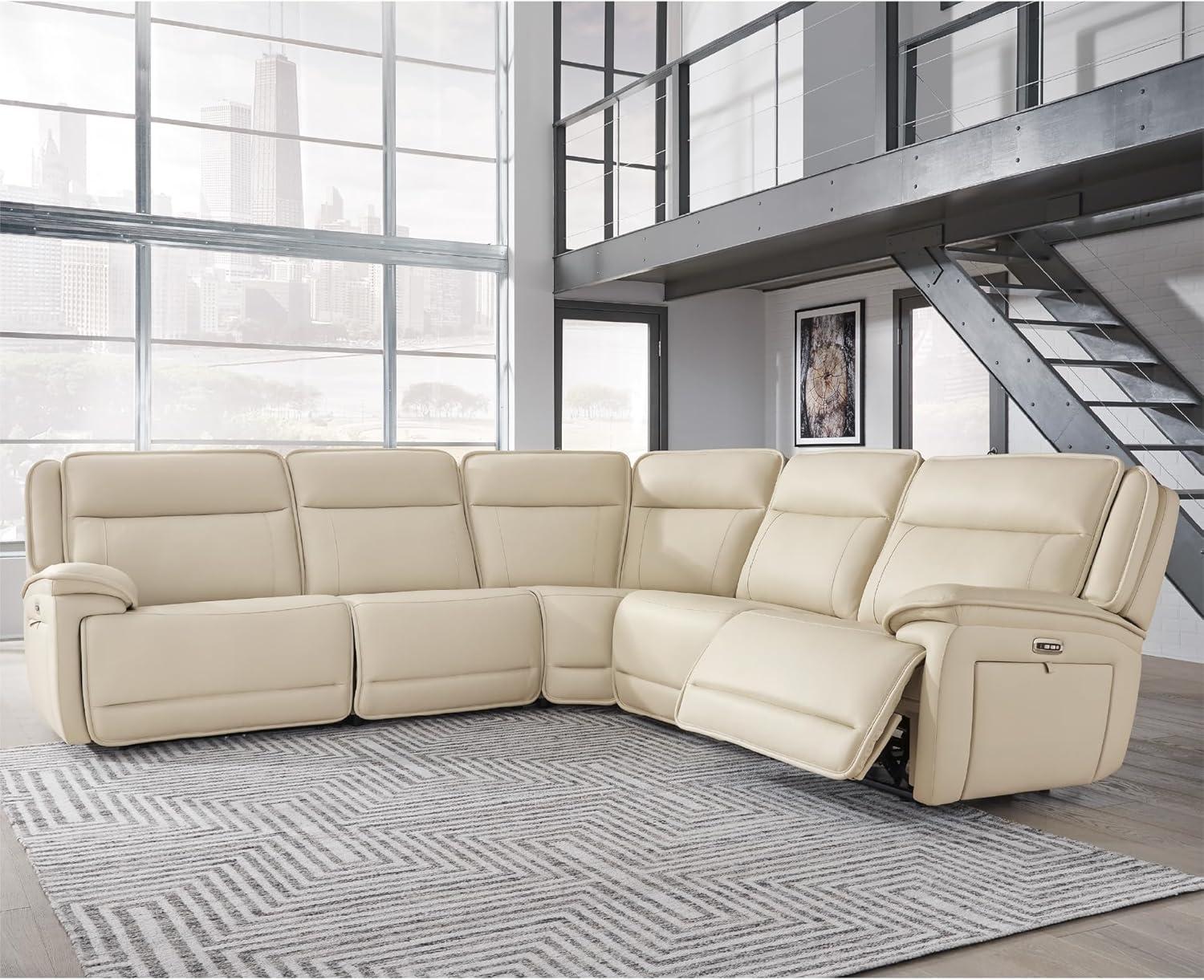 imageSignature Design by Ashley Double Deal Contemporary Leather Match 5Piece Power Reclining Sectional with Armrest USB Port and Storage Beige5Piece Power Reclining Sectional