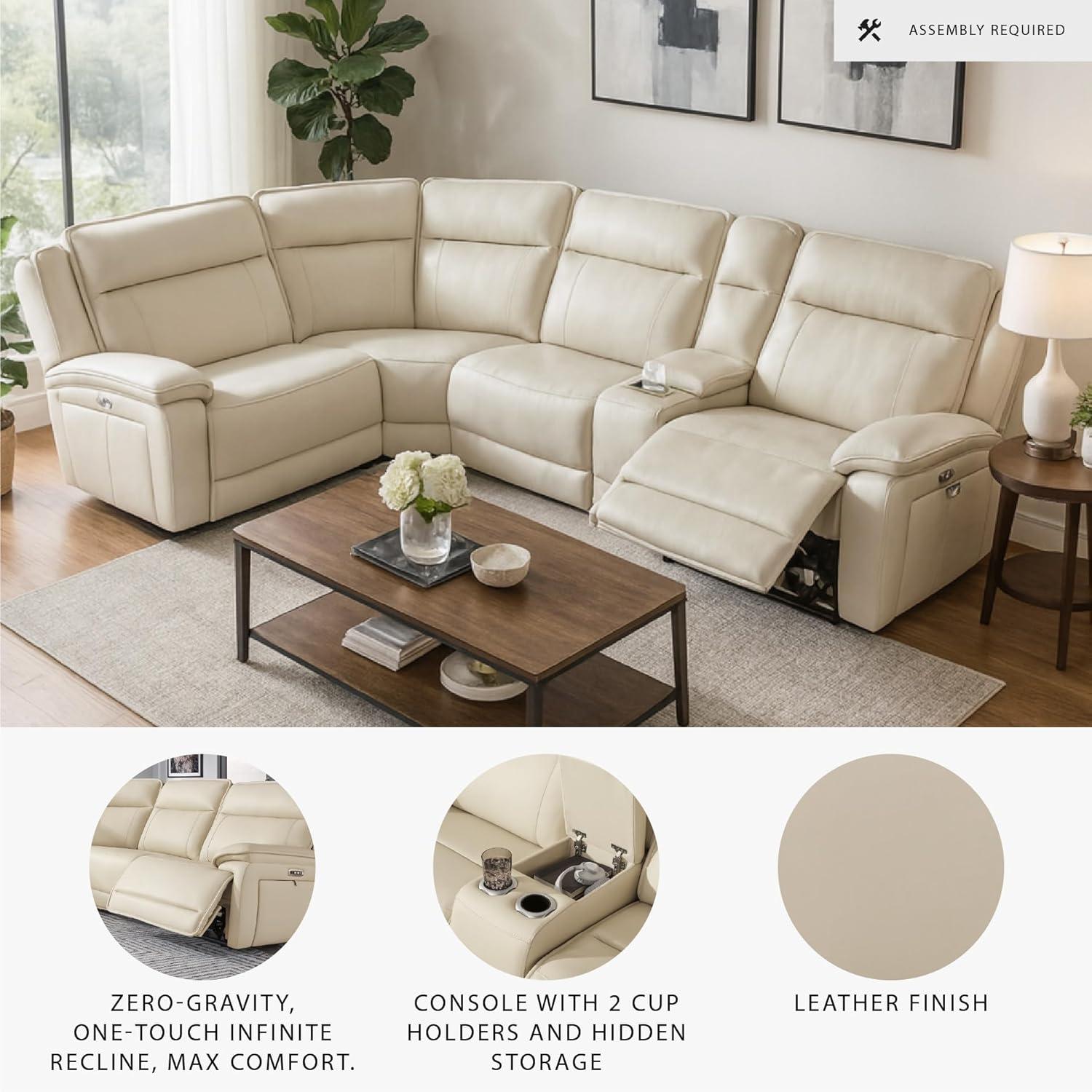 imageSignature Design by Ashley Double Deal Contemporary Leather Match 5Piece Power Reclining Sectional with Armrest USB Port and Storage Beige5Piece Reclining Sectional with Console