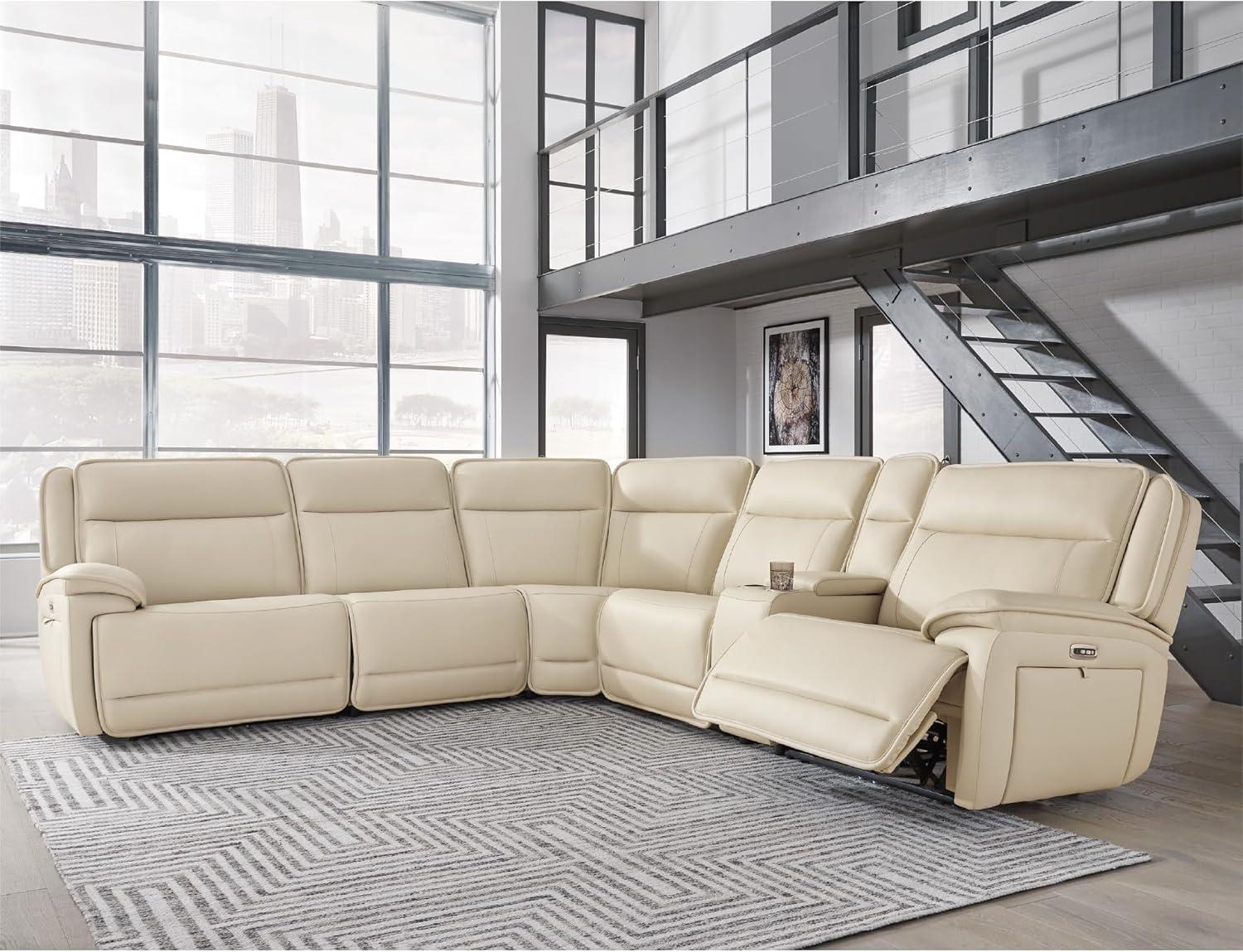 imageSignature Design by Ashley Double Deal Contemporary Leather Match 5Piece Power Reclining Sectional with Armrest USB Port and Storage Beige6Piece Power Reclining Sectional