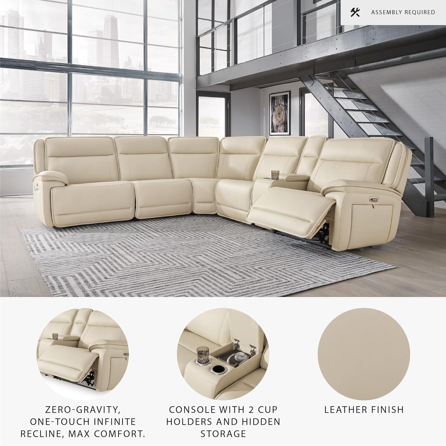 imageSignature Design by Ashley Double Deal Contemporary Leather Match 5Piece Power Reclining Sectional with Armrest USB Port and Storage Beige6Piece Power Reclining Sectional