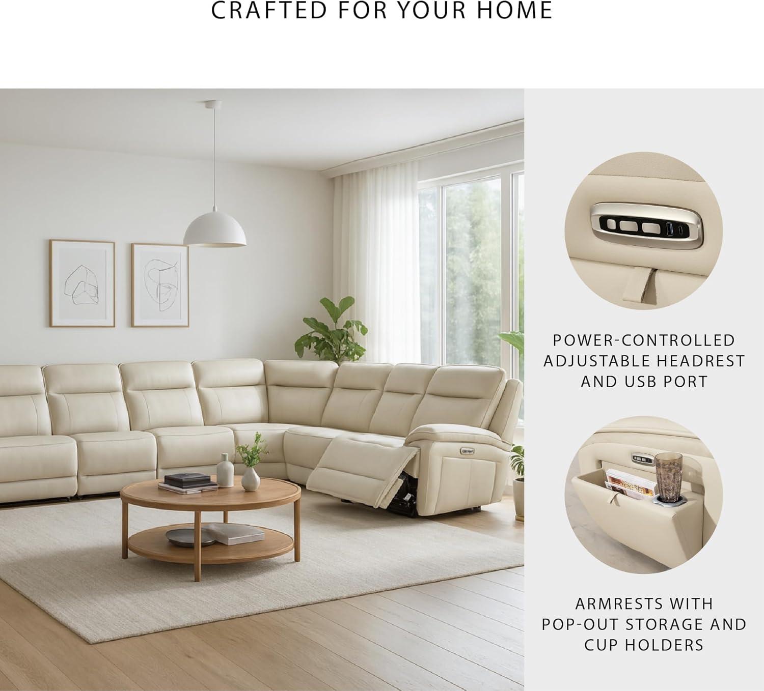 imageSignature Design by Ashley Double Deal Contemporary Leather Match 5Piece Power Reclining Sectional with Armrest USB Port and Storage Beige6Piece Reclining Sectional