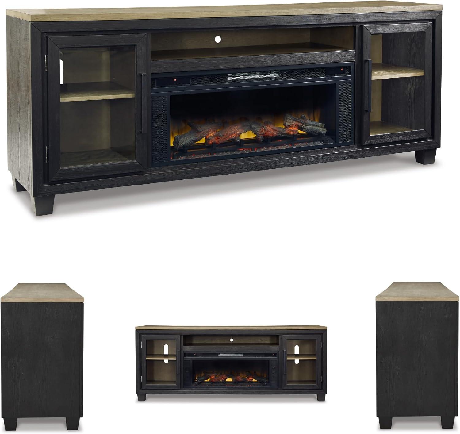 imageSignature Design by Ashley Entertainment Accessories Vintage 64quot TV Stand with Electric Fireplace and LED Lights for TVs up to 72quot WhitewashBlackBrown