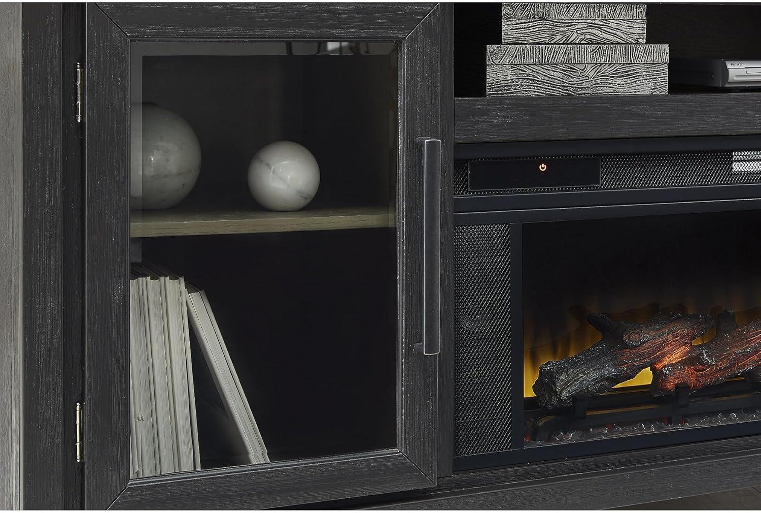 imageSignature Design by Ashley Entertainment Accessories Vintage 64quot TV Stand with Electric Fireplace and LED Lights for TVs up to 72quot WhitewashBlackBrown