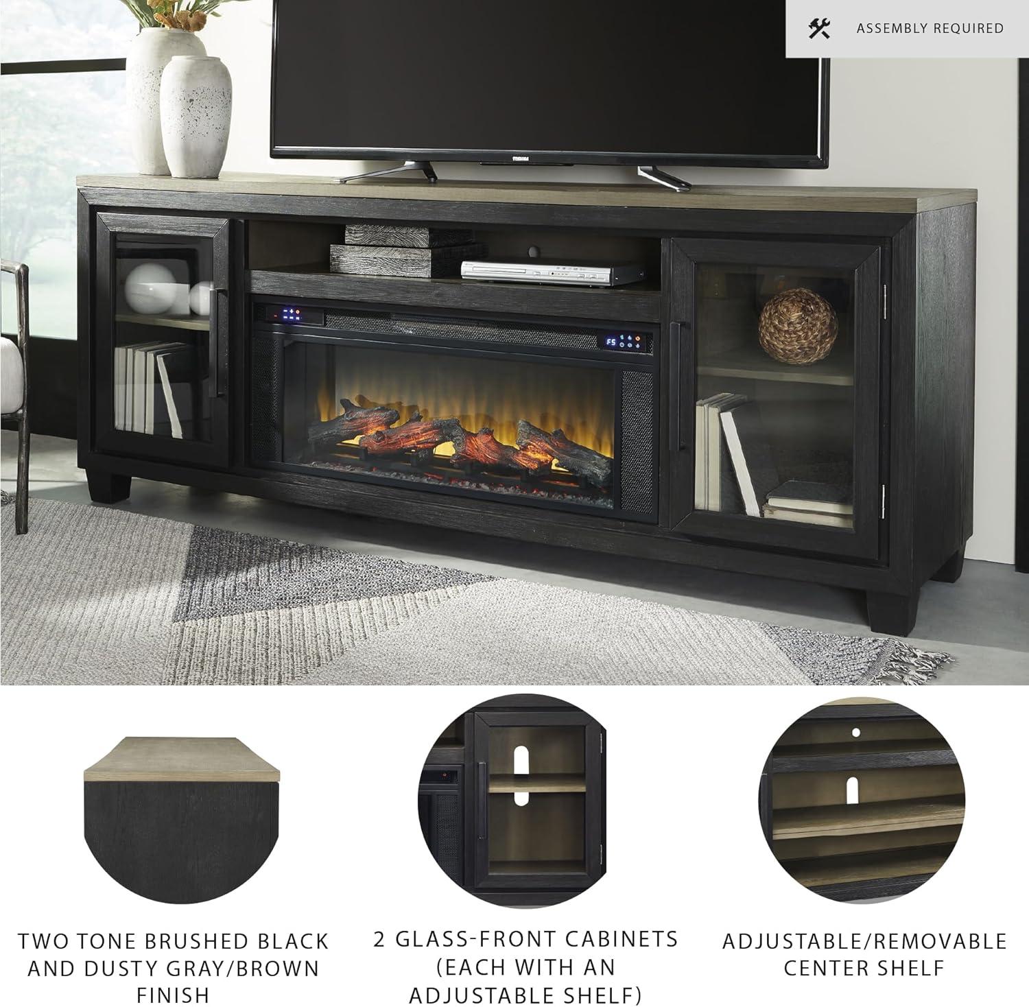 imageSignature Design by Ashley Entertainment Accessories Vintage 64quot TV Stand with Electric Fireplace and LED Lights for TVs up to 72quot WhitewashBlackBrown