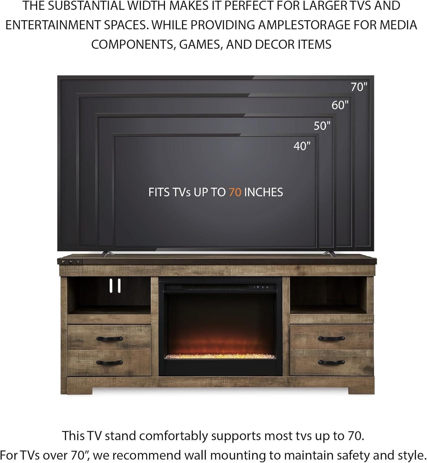 imageSignature Design by Ashley Entertainment Accessories Vintage 64quot TV Stand with Electric Fireplace and LED Lights for TVs up to 72quot WhitewashBrown