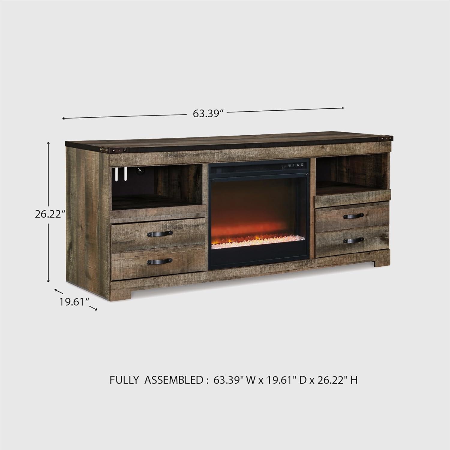 imageSignature Design by Ashley Entertainment Accessories Vintage 64quot TV Stand with Electric Fireplace and LED Lights for TVs up to 72quot WhitewashBrown