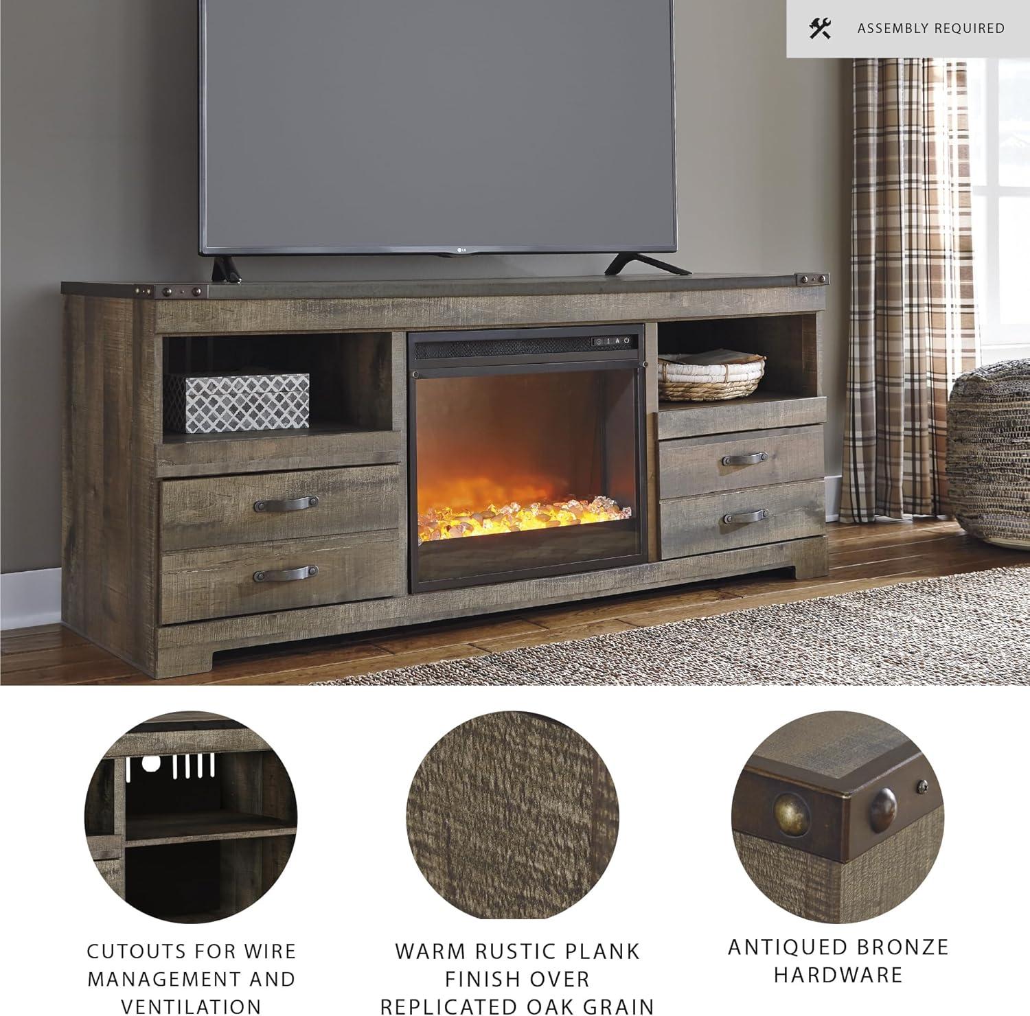 imageSignature Design by Ashley Entertainment Accessories Vintage 64quot TV Stand with Electric Fireplace and LED Lights for TVs up to 72quot WhitewashBrown