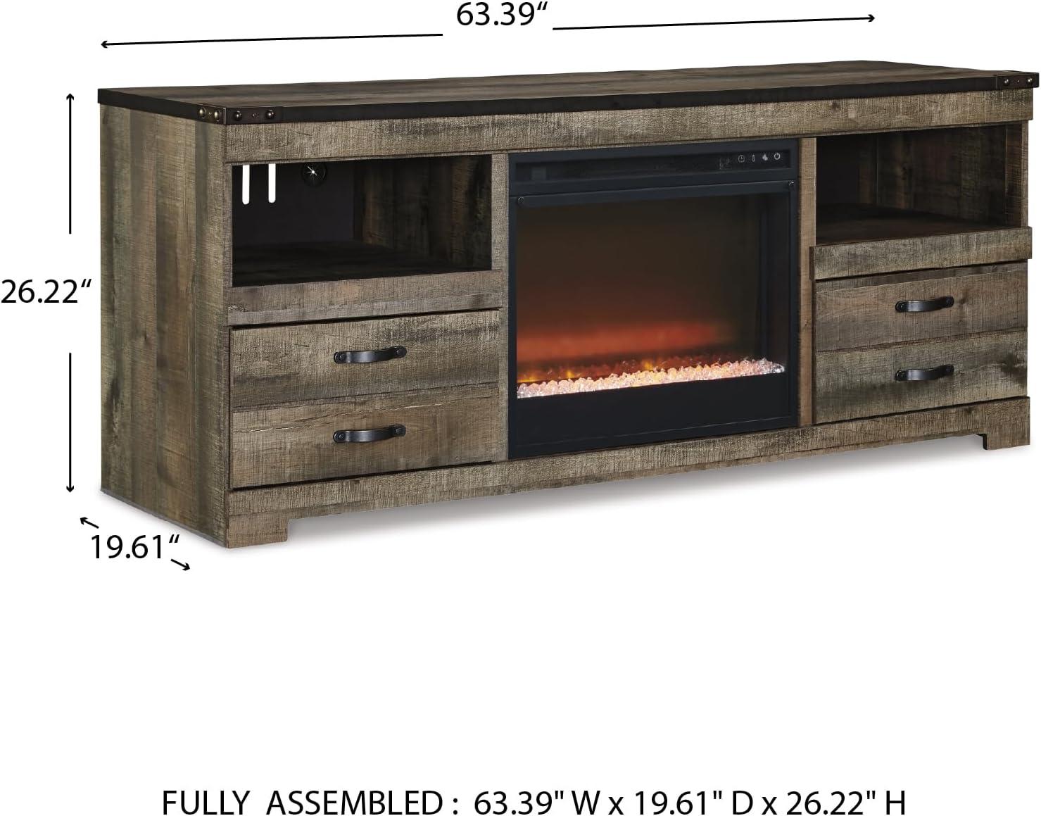 imageSignature Design by Ashley Entertainment Accessories Vintage 64quot TV Stand with Electric Fireplace and LED Lights for TVs up to 72quot WhitewashBrown