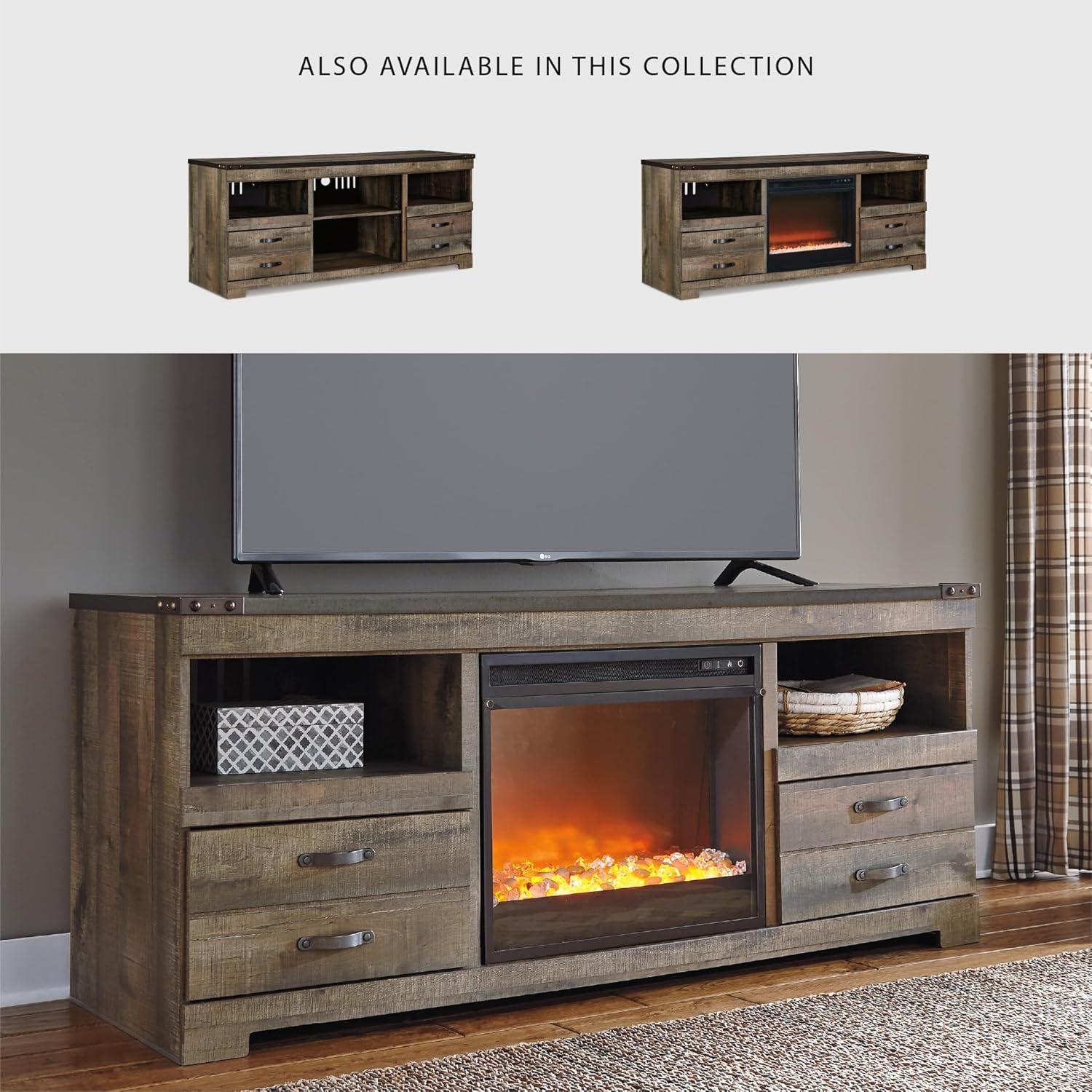 imageSignature Design by Ashley Entertainment Accessories Vintage 64quot TV Stand with Electric Fireplace and LED Lights for TVs up to 72quot WhitewashBrown