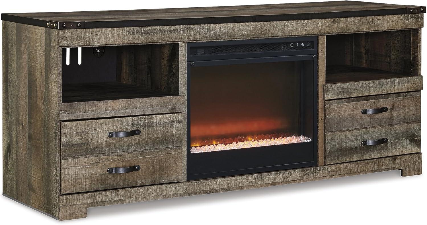 imageSignature Design by Ashley Entertainment Accessories Vintage 64quot TV Stand with Electric Fireplace and LED Lights for TVs up to 72quot WhitewashBrown