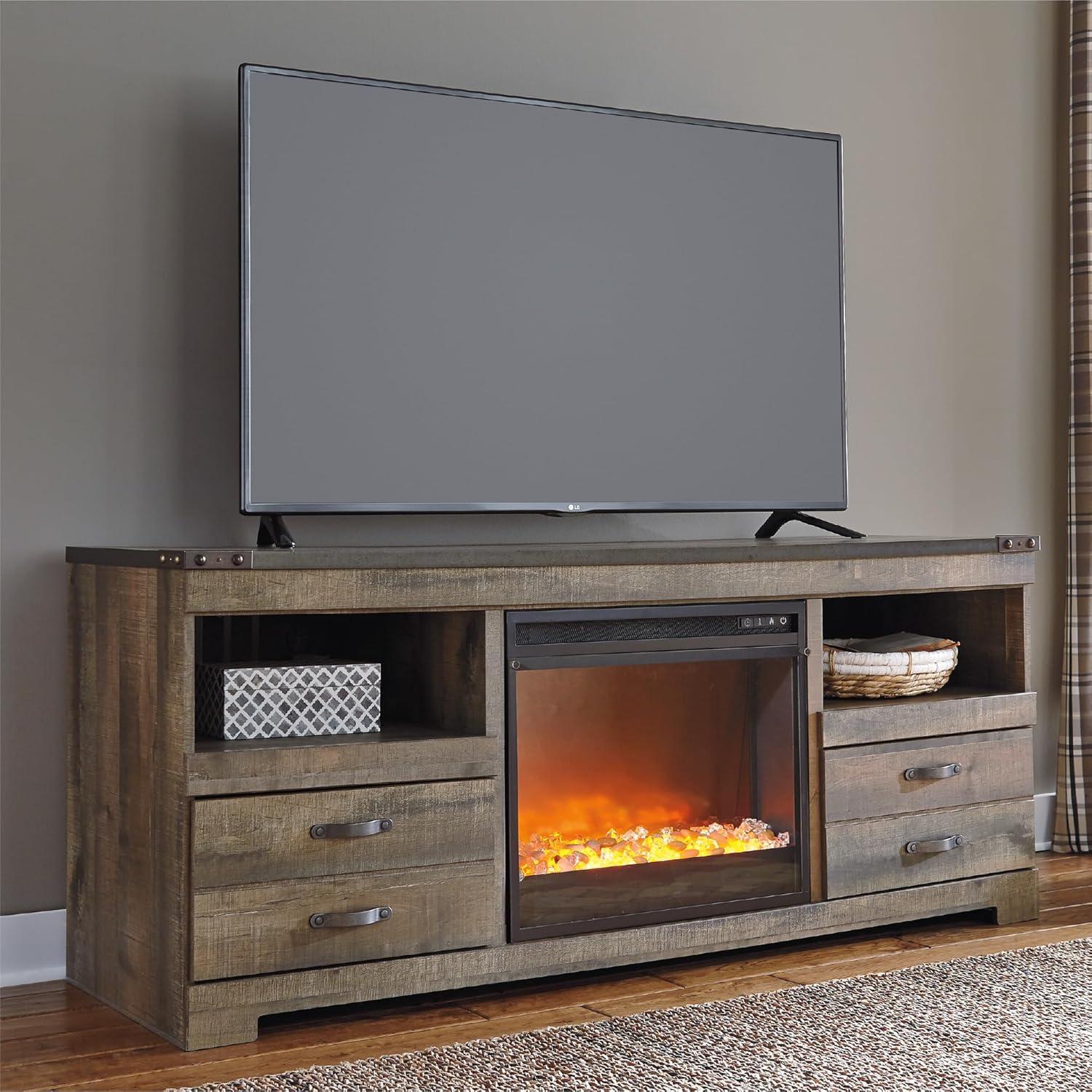 imageSignature Design by Ashley Entertainment Accessories Vintage 64quot TV Stand with Electric Fireplace and LED Lights for TVs up to 72quot WhitewashBrown