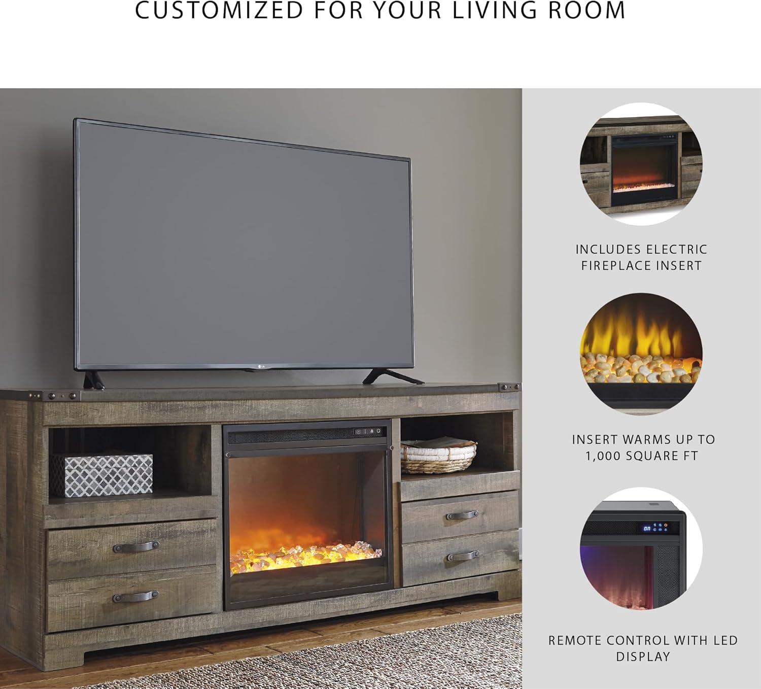 imageSignature Design by Ashley Entertainment Accessories Vintage 64quot TV Stand with Electric Fireplace and LED Lights for TVs up to 72quot WhitewashBrown