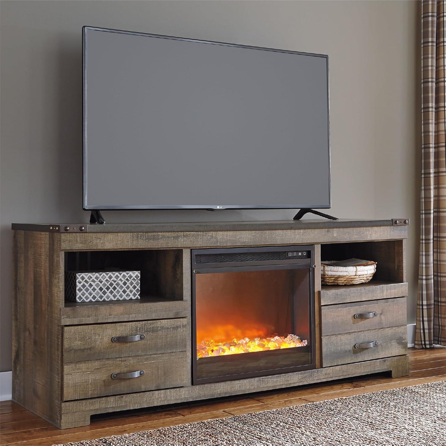 imageSignature Design by Ashley Entertainment Accessories Vintage 64quot TV Stand with Electric Fireplace and LED Lights for TVs up to 72quot WhitewashBrown