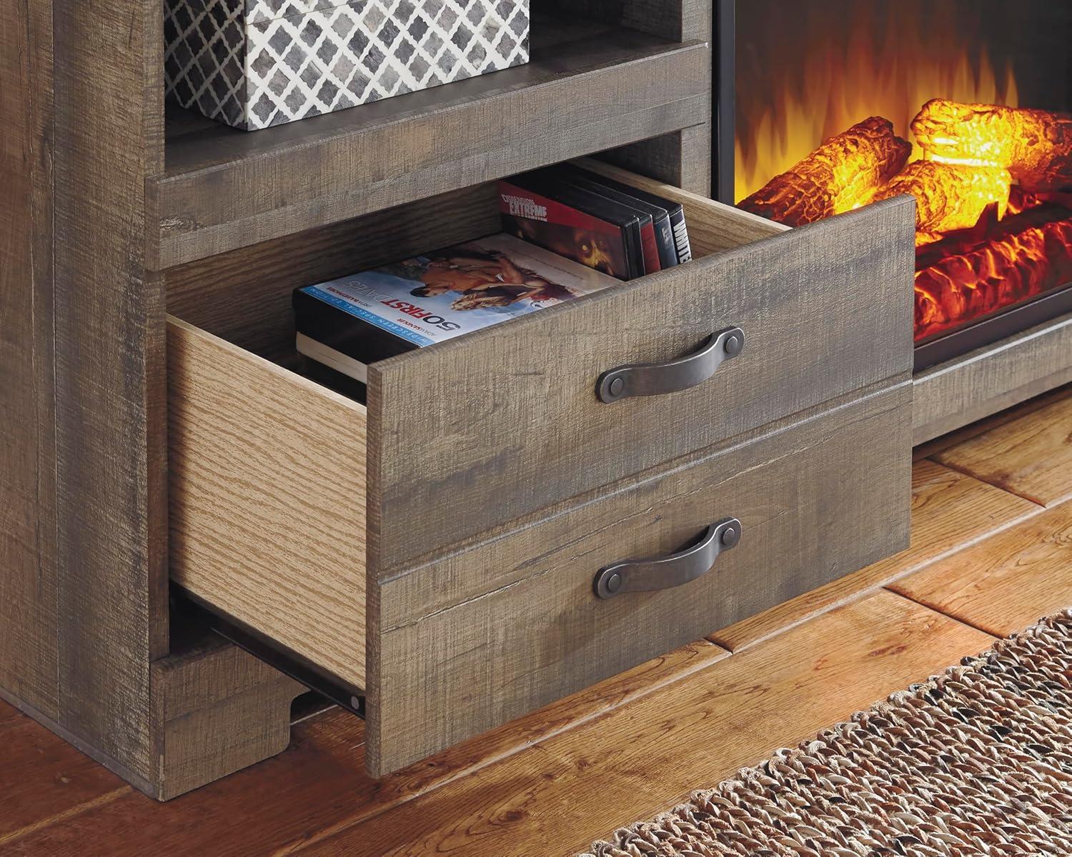 imageSignature Design by Ashley Entertainment Accessories Vintage 64quot TV Stand with Electric Fireplace and LED Lights for TVs up to 72quot WhitewashBrown