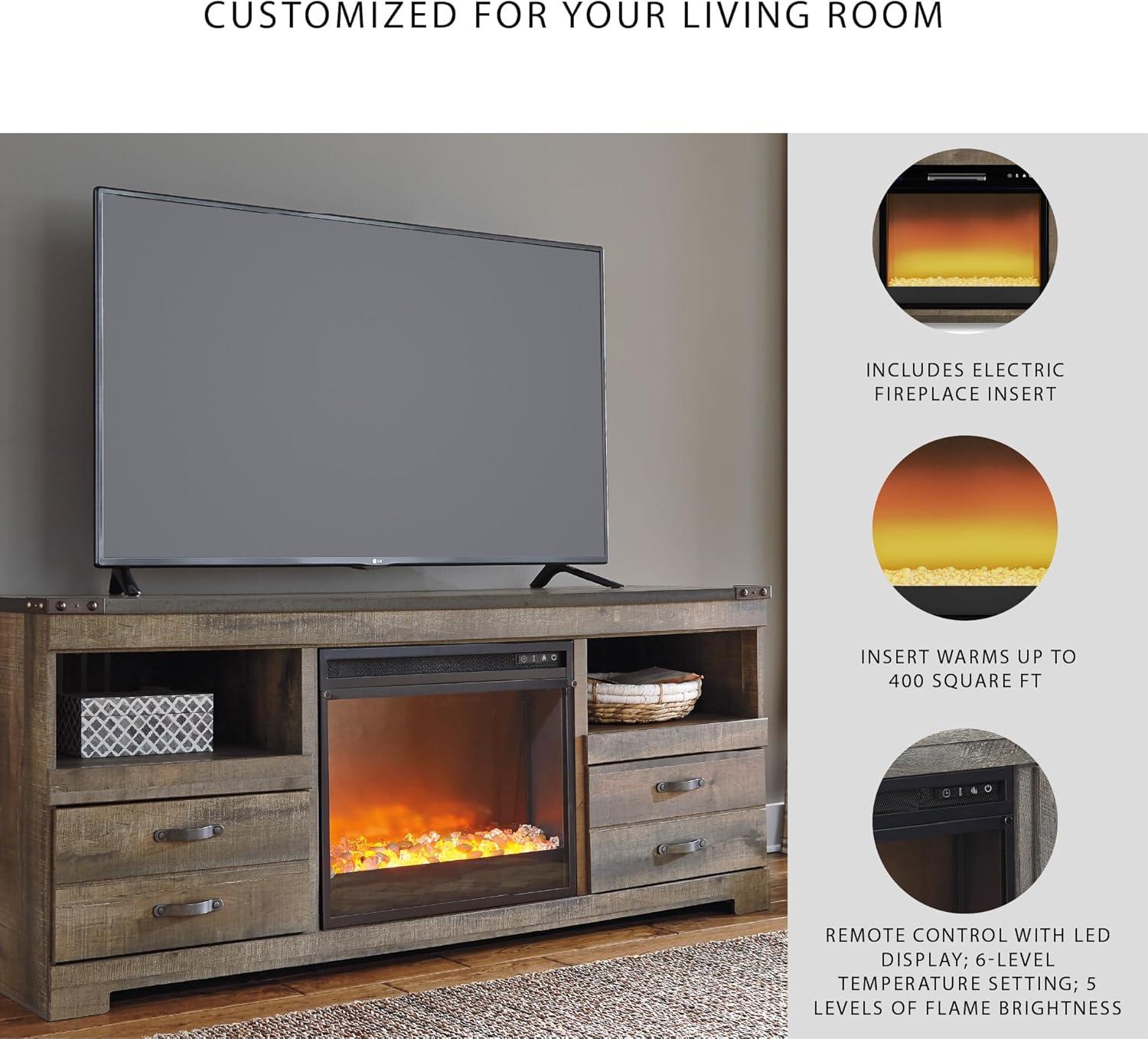 imageSignature Design by Ashley Entertainment Accessories Vintage 64quot TV Stand with Electric Fireplace and LED Lights for TVs up to 72quot WhitewashBrown