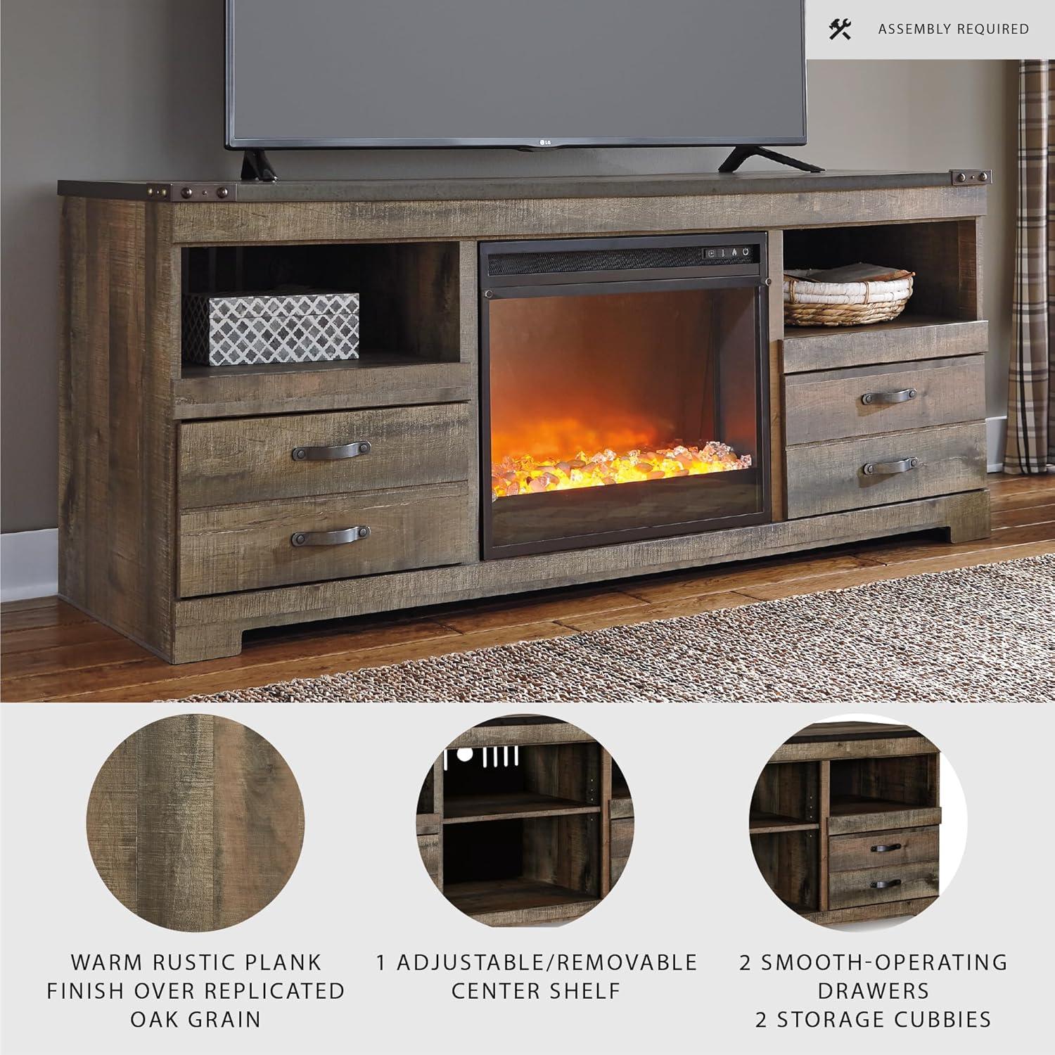 imageSignature Design by Ashley Entertainment Accessories Vintage 64quot TV Stand with Electric Fireplace and LED Lights for TVs up to 72quot WhitewashBrown