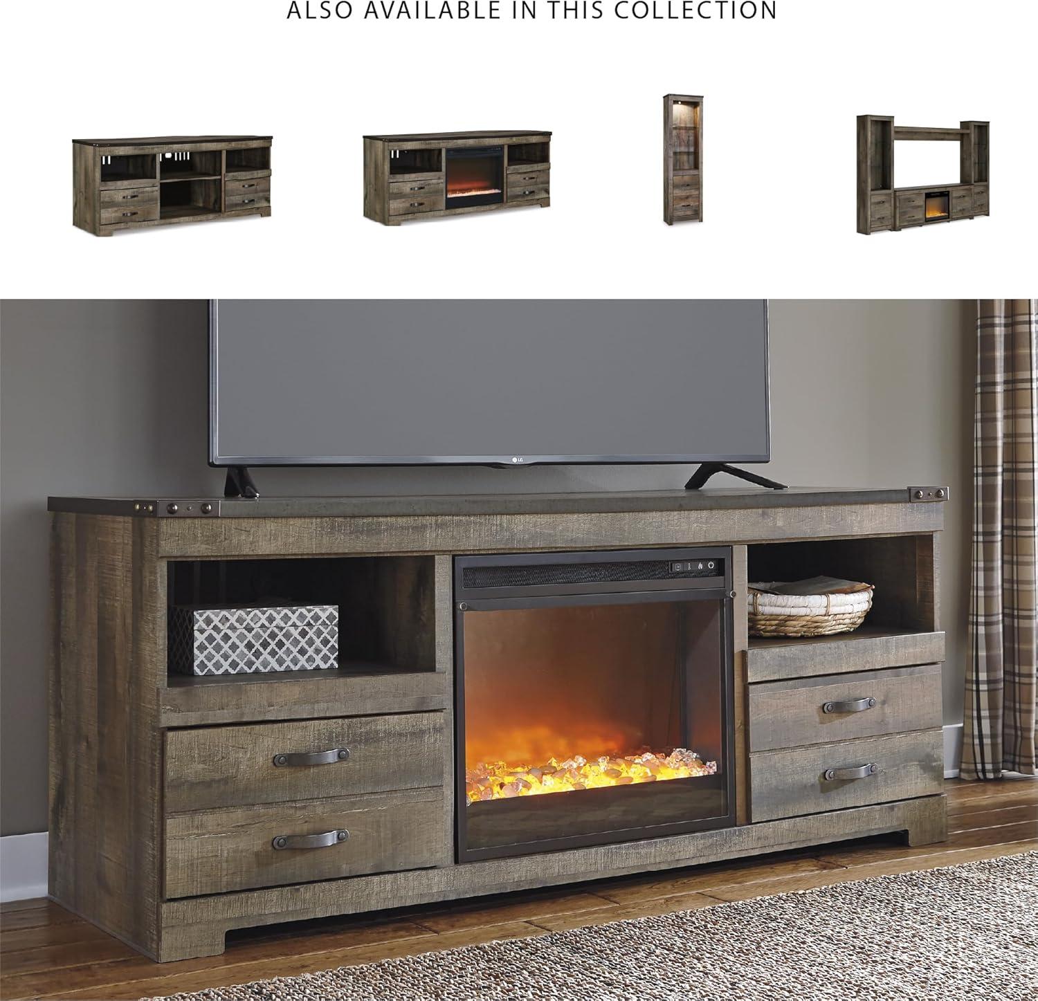 imageSignature Design by Ashley Entertainment Accessories Vintage 64quot TV Stand with Electric Fireplace and LED Lights for TVs up to 72quot WhitewashBrown