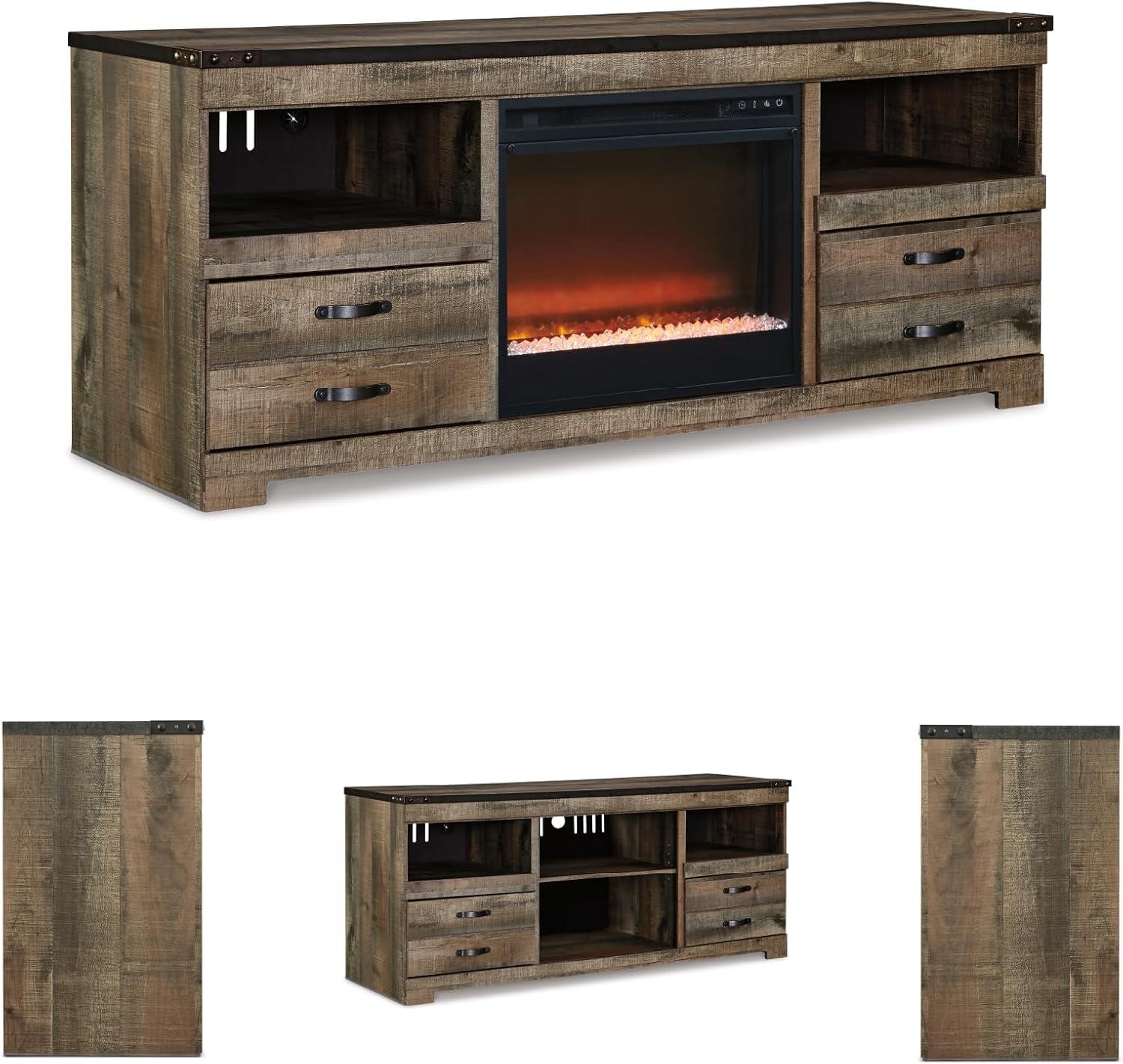 imageSignature Design by Ashley Entertainment Accessories Vintage 64quot TV Stand with Electric Fireplace and LED Lights for TVs up to 72quot WhitewashBrown