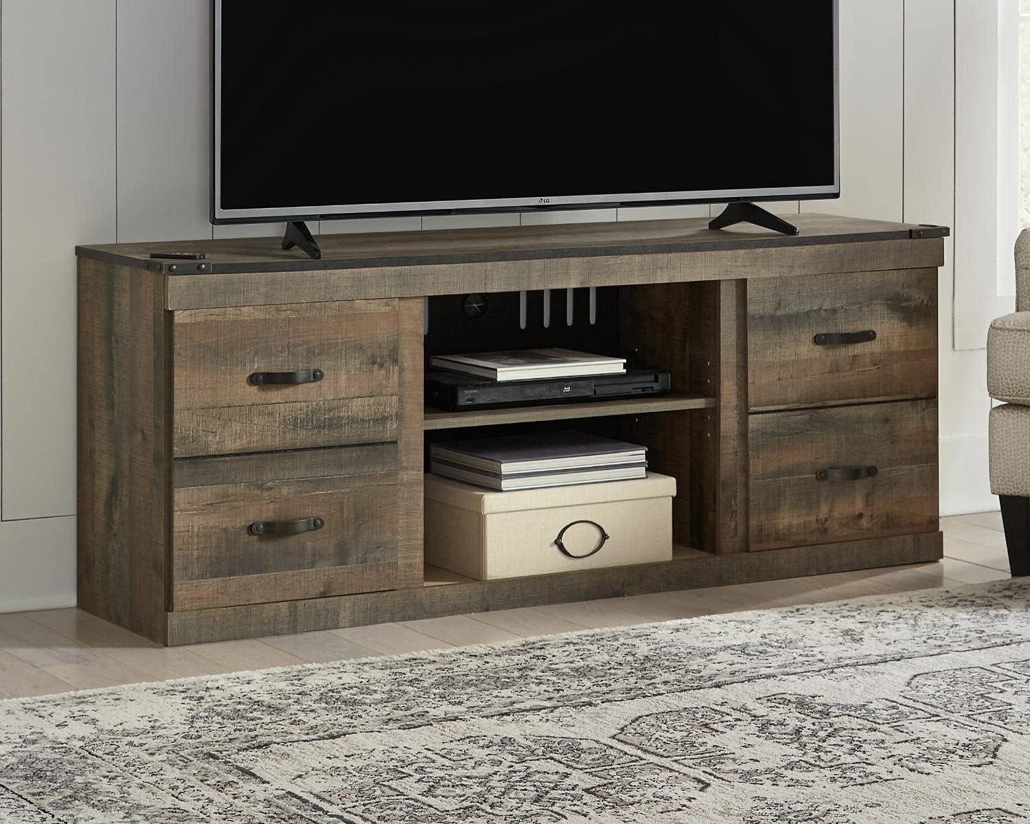imageSignature Design by Ashley Entertainment Accessories Vintage 64quot TV Stand with Electric Fireplace and LED Lights for TVs up to 72quot WhitewashNatural Brown