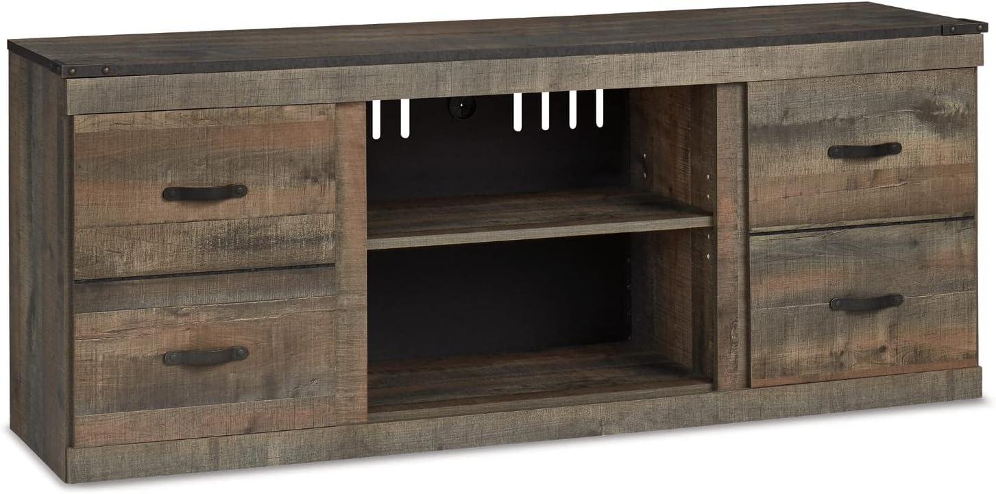 imageSignature Design by Ashley Entertainment Accessories Vintage 64quot TV Stand with Electric Fireplace and LED Lights for TVs up to 72quot WhitewashNatural Brown