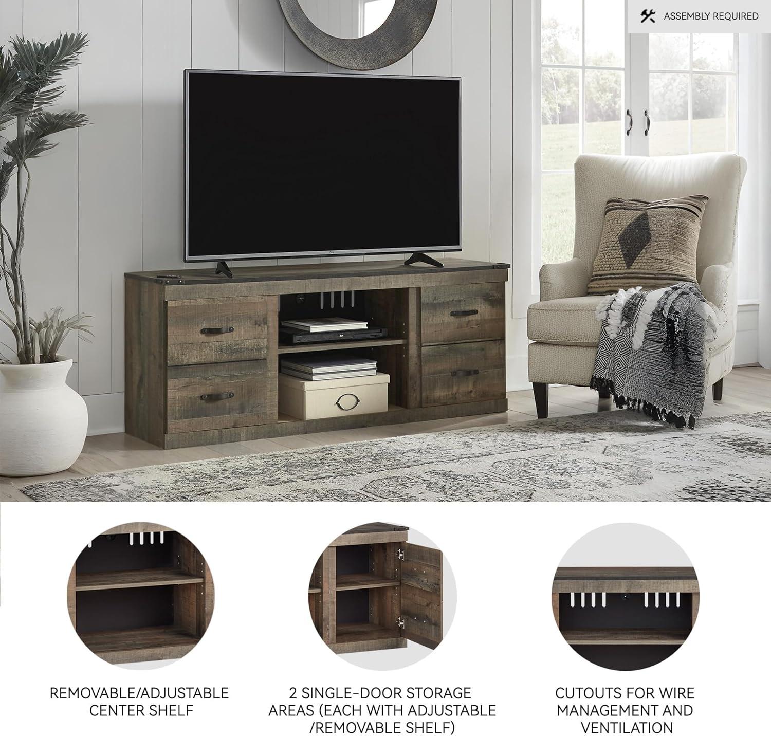 imageSignature Design by Ashley Entertainment Accessories Vintage 64quot TV Stand with Electric Fireplace and LED Lights for TVs up to 72quot WhitewashNatural Brown
