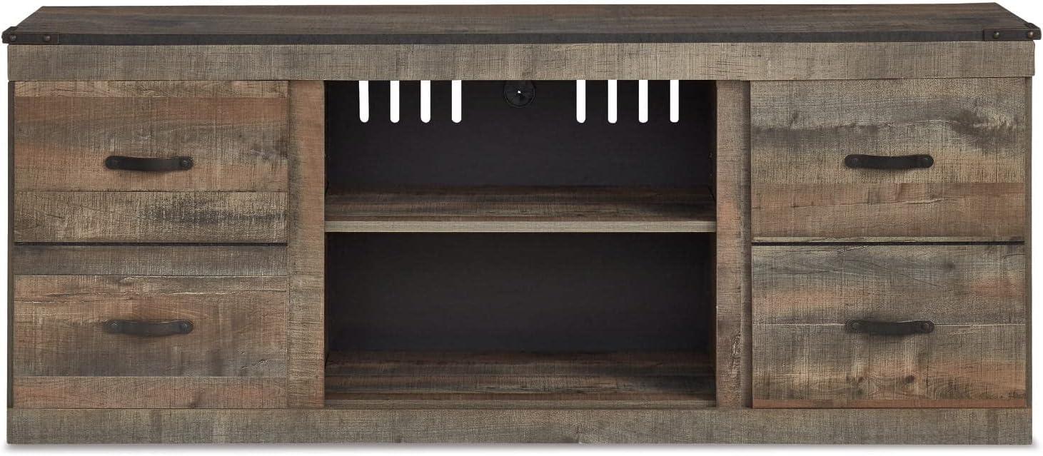 imageSignature Design by Ashley Entertainment Accessories Vintage 64quot TV Stand with Electric Fireplace and LED Lights for TVs up to 72quot WhitewashNatural Brown