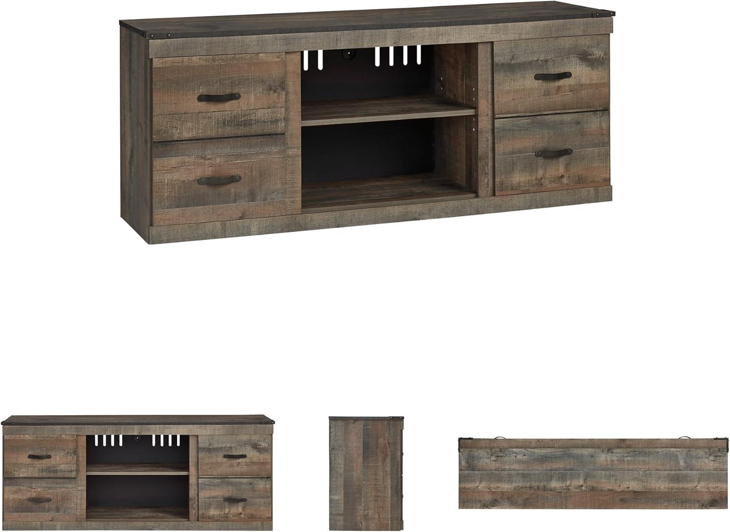 imageSignature Design by Ashley Entertainment Accessories Vintage 64quot TV Stand with Electric Fireplace and LED Lights for TVs up to 72quot WhitewashNatural Brown