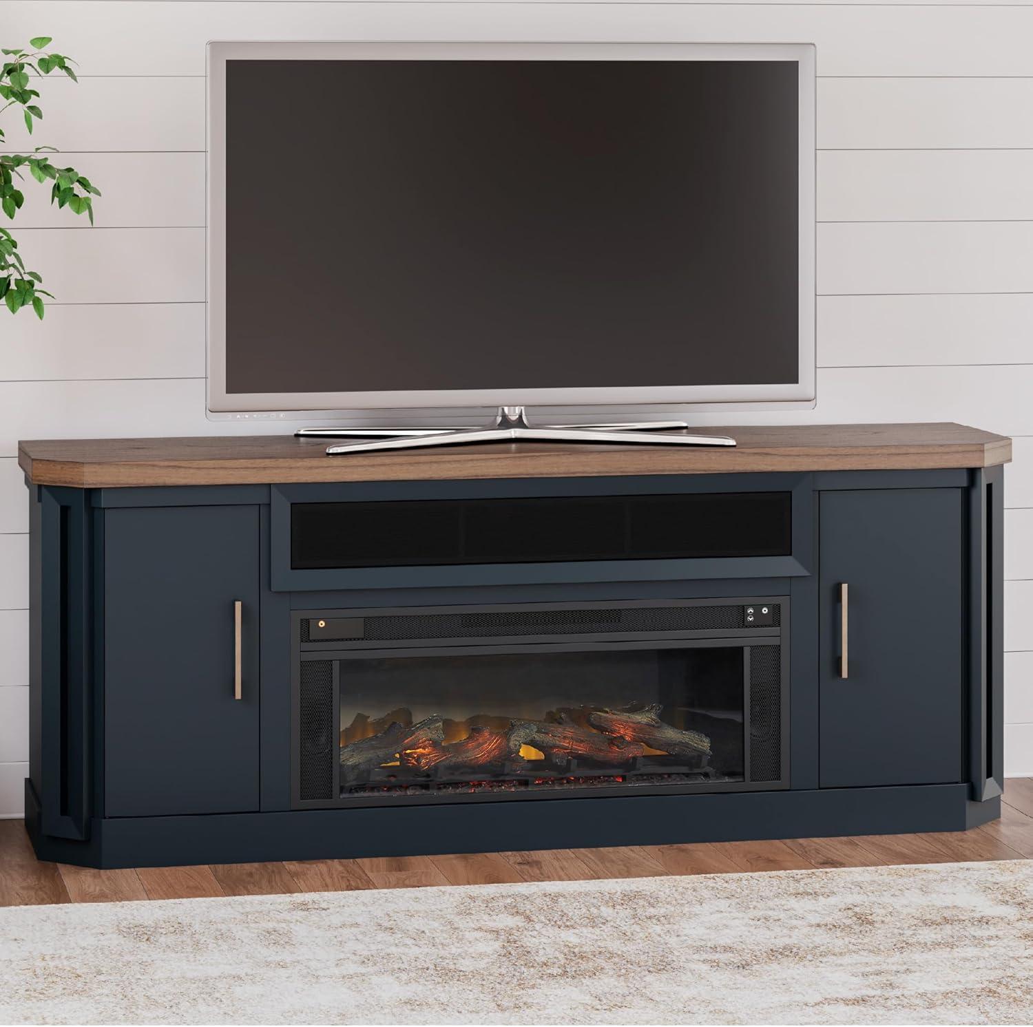 imageSignature Design by Ashley Entertainment Accessories Vintage 64quot TV Stand with Electric Fireplace and LED Lights for TVs up to 72quot WhitewashTwotone