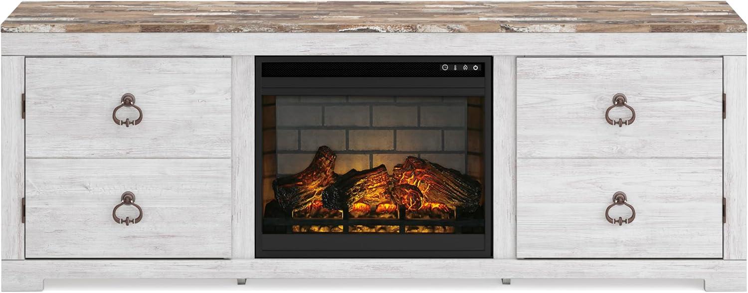 imageSignature Design by Ashley Entertainment Accessories Vintage 64quot TV Stand with Electric Fireplace and LED Lights for TVs up to 72quot WhitewashWhitewash