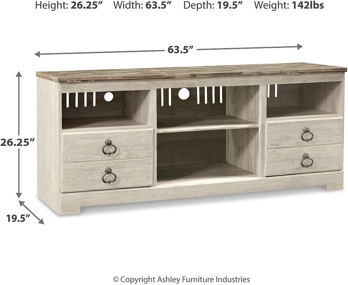 imageSignature Design by Ashley Entertainment Accessories Vintage 64quot TV Stand with Electric Fireplace and LED Lights for TVs up to 72quot WhitewashWhitewash