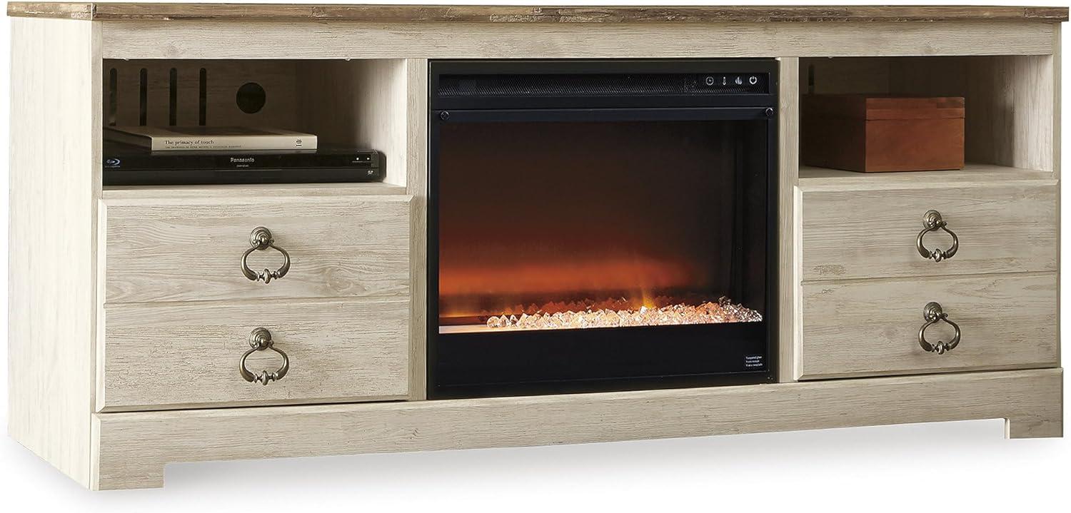 imageSignature Design by Ashley Entertainment Accessories Vintage 64quot TV Stand with Electric Fireplace and LED Lights for TVs up to 72quot WhitewashWhitewash