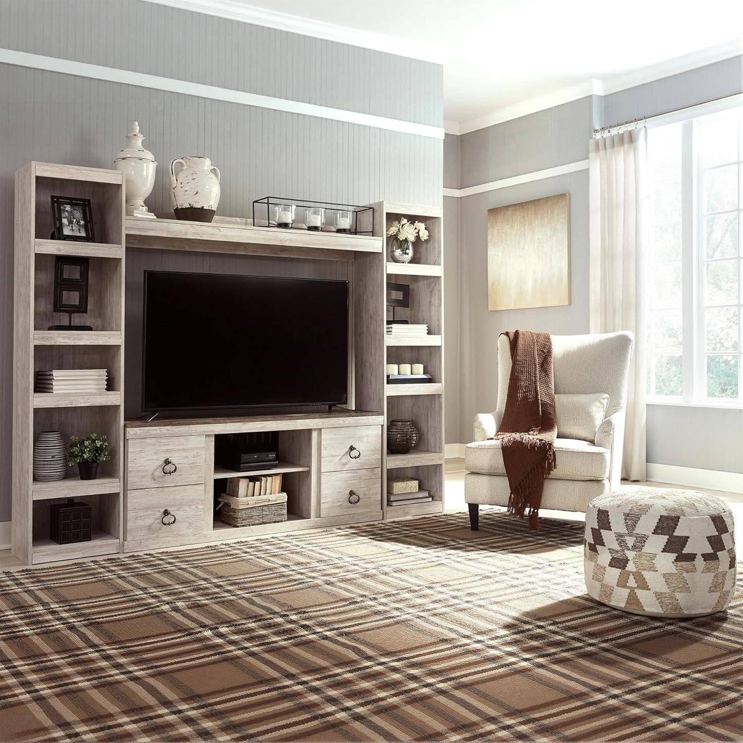 imageSignature Design by Ashley Entertainment Accessories Vintage 64quot TV Stand with Electric Fireplace and LED Lights for TVs up to 72quot WhitewashWhitewash