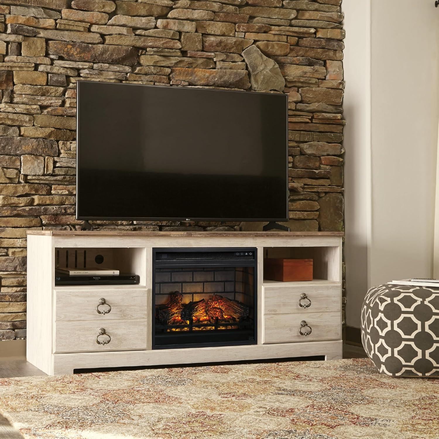 imageSignature Design by Ashley Entertainment Accessories Vintage 64quot TV Stand with Electric Fireplace and LED Lights for TVs up to 72quot WhitewashWhitewash