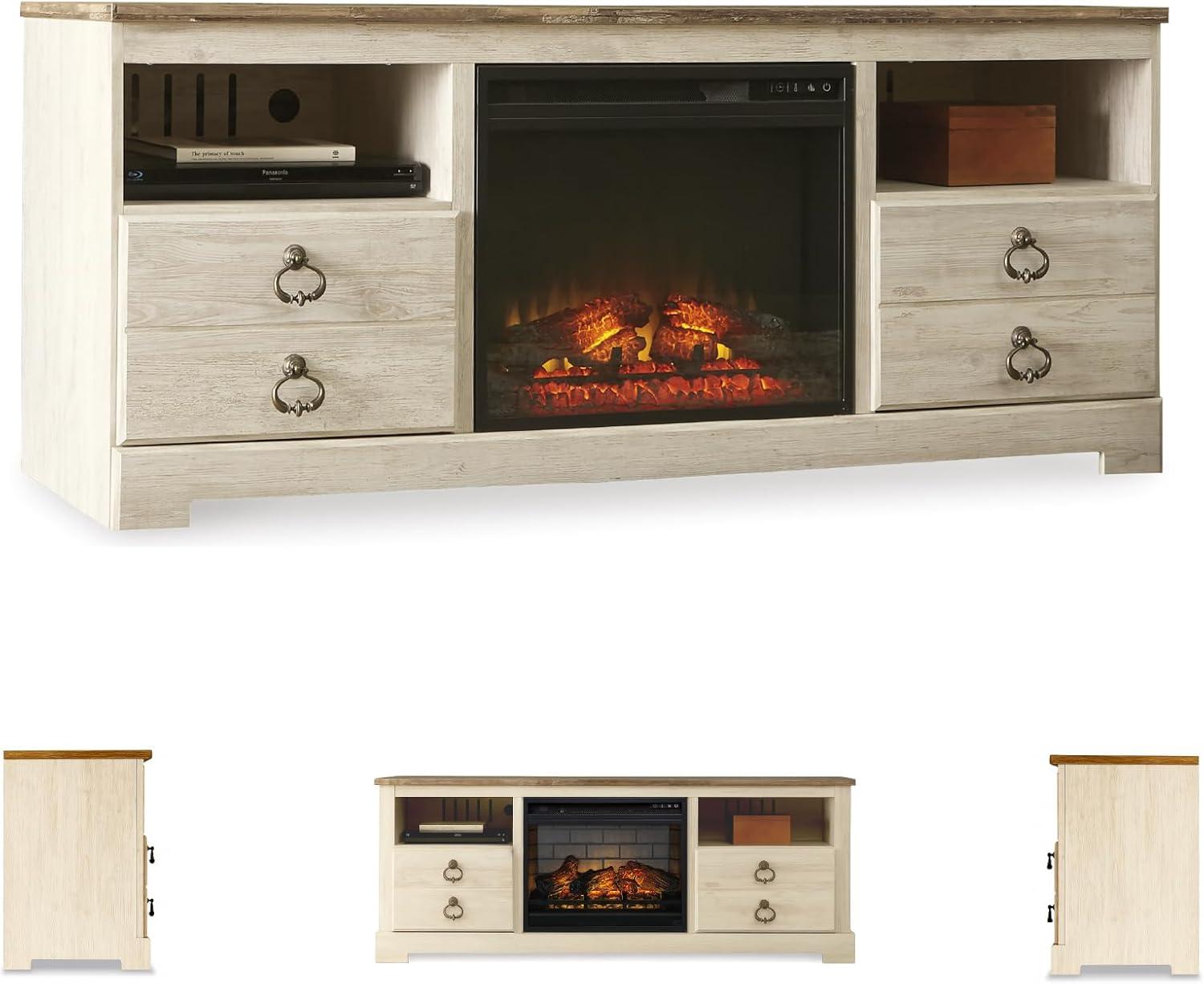 imageSignature Design by Ashley Entertainment Accessories Vintage 64quot TV Stand with Electric Fireplace and LED Lights for TVs up to 72quot WhitewashWhitewash