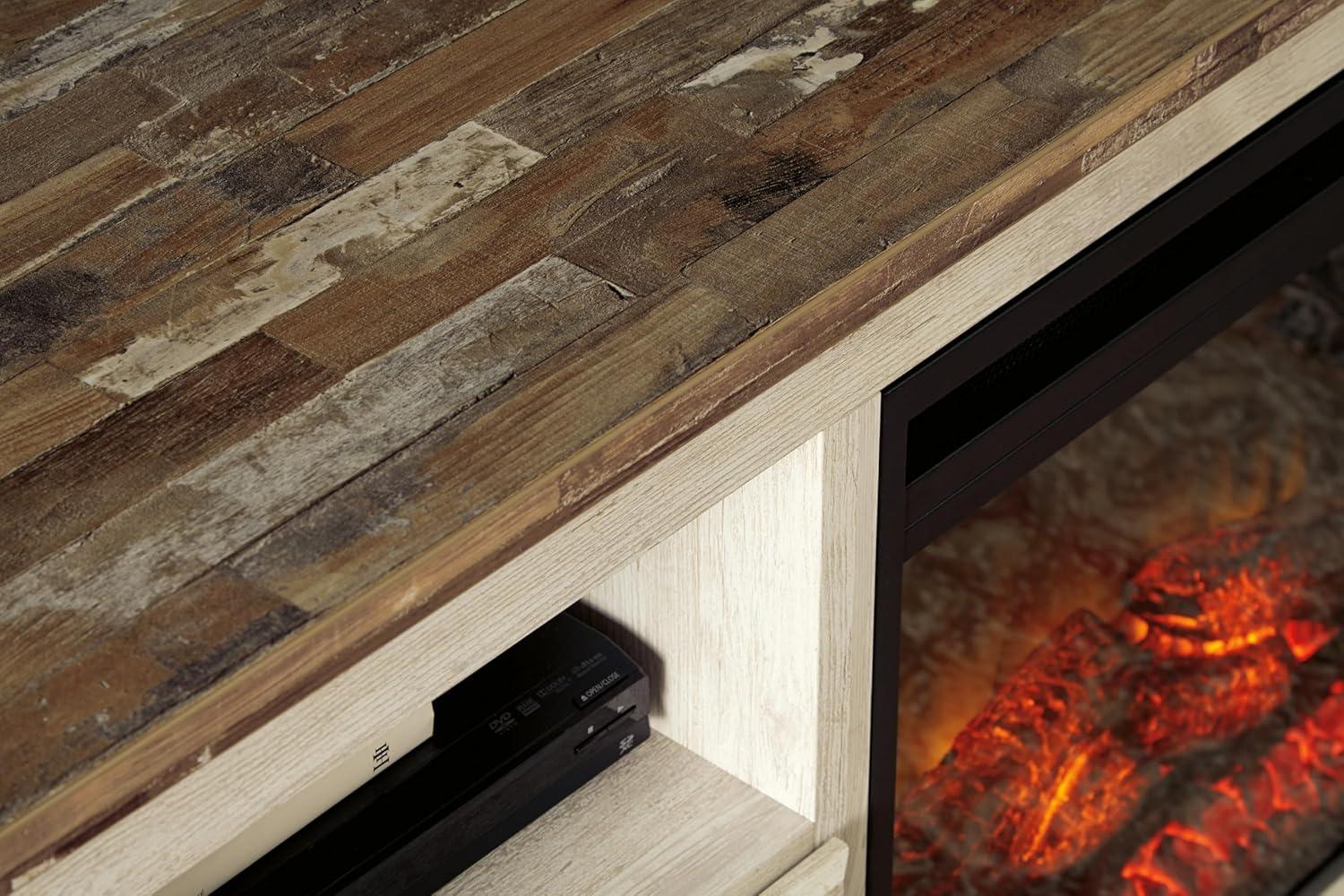 imageSignature Design by Ashley Entertainment Accessories Vintage 64quot TV Stand with Electric Fireplace and LED Lights for TVs up to 72quot WhitewashWhitewash