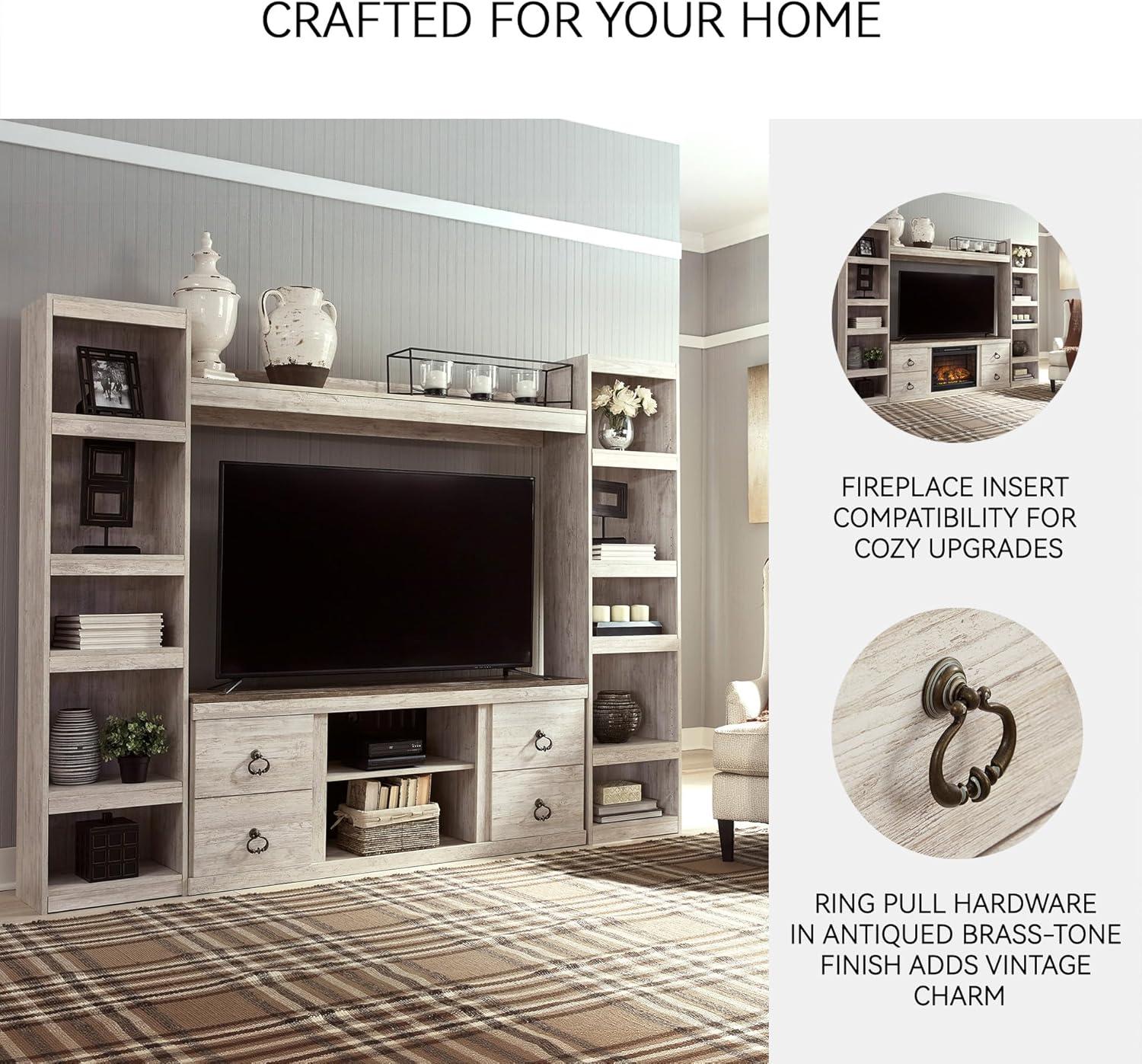 imageSignature Design by Ashley Entertainment Accessories Vintage 64quot TV Stand with Electric Fireplace and LED Lights for TVs up to 72quot WhitewashWhitewash