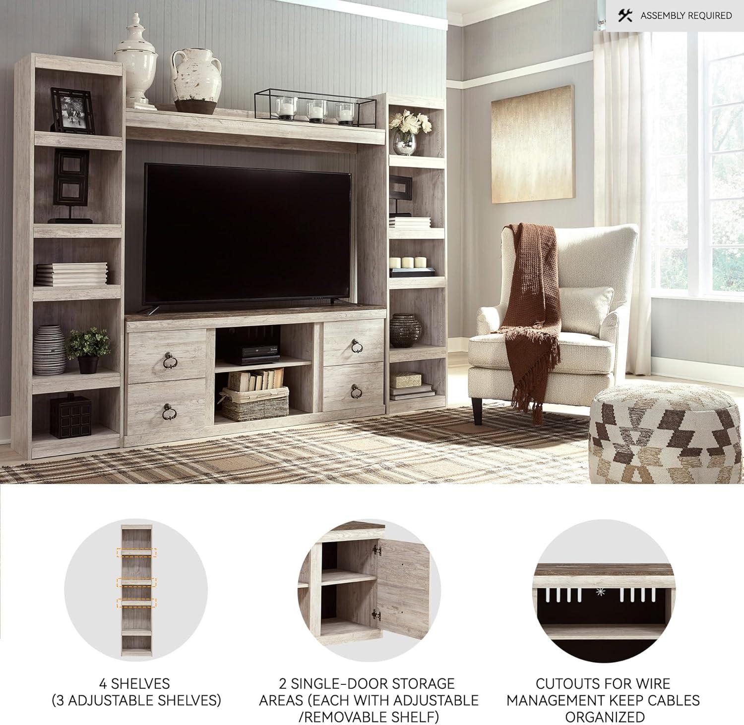 imageSignature Design by Ashley Entertainment Accessories Vintage 64quot TV Stand with Electric Fireplace and LED Lights for TVs up to 72quot WhitewashWhitewash