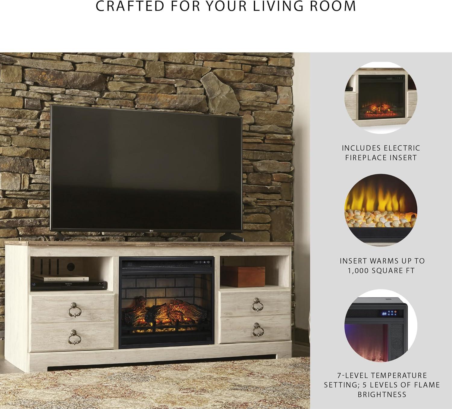 imageSignature Design by Ashley Entertainment Accessories Vintage 64quot TV Stand with Electric Fireplace and LED Lights for TVs up to 72quot WhitewashWhitewash