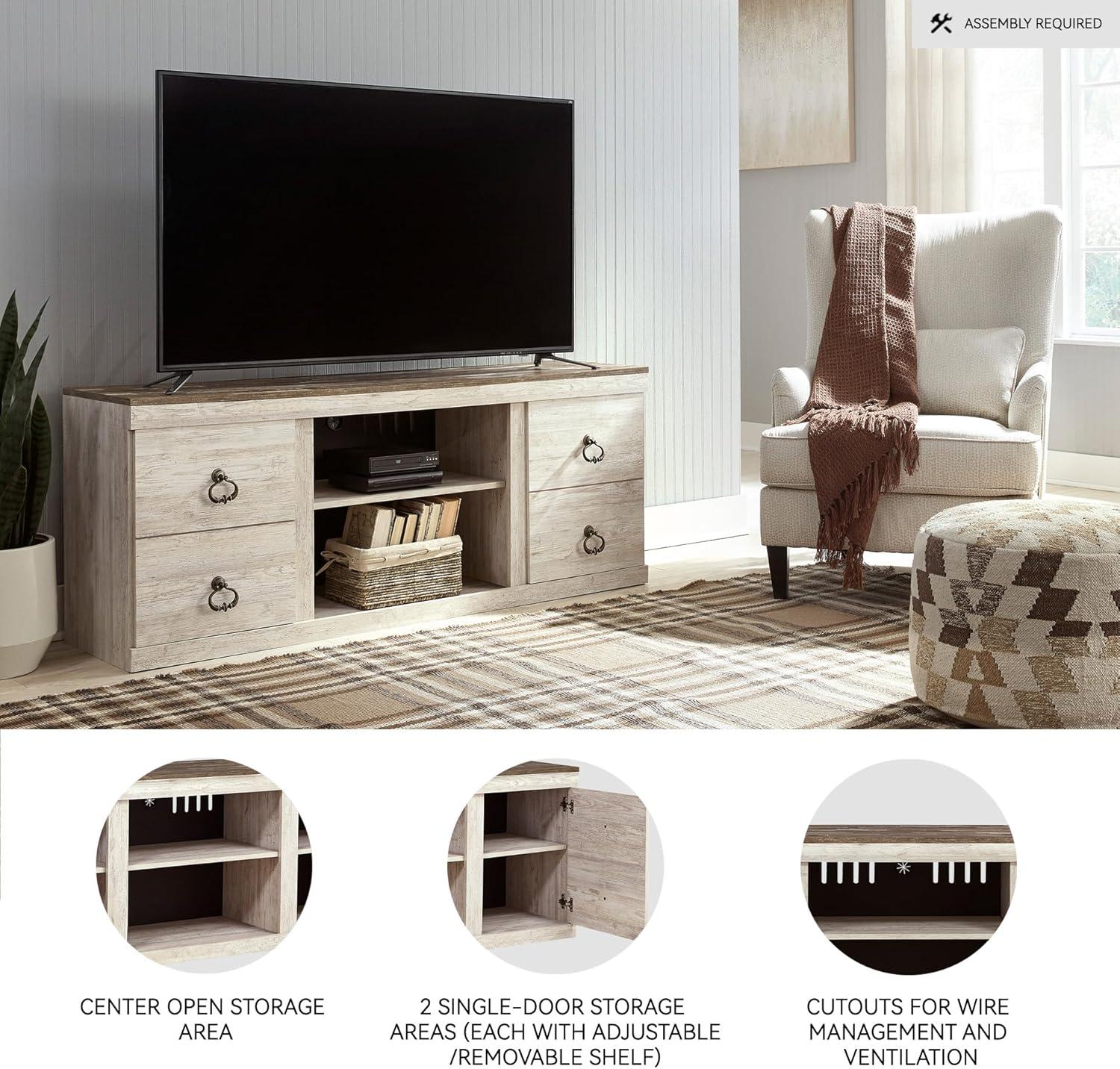 imageSignature Design by Ashley Entertainment Accessories Vintage 64quot TV Stand with Electric Fireplace and LED Lights for TVs up to 72quot WhitewashWhitewash