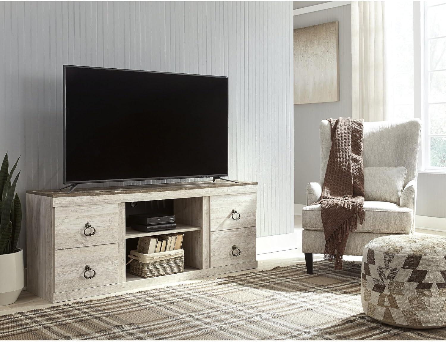 imageSignature Design by Ashley Entertainment Accessories Vintage 64quot TV Stand with Electric Fireplace and LED Lights for TVs up to 72quot WhitewashWhitewash