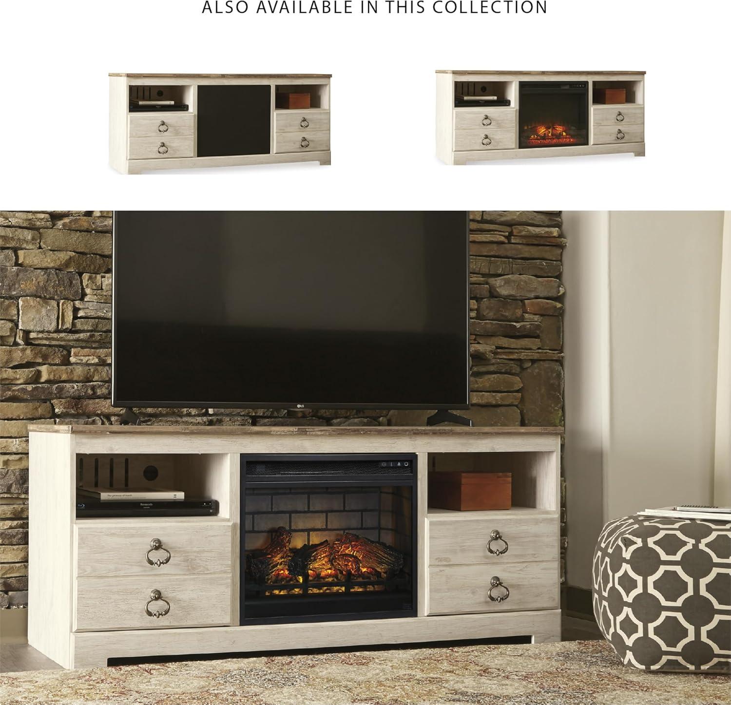 imageSignature Design by Ashley Entertainment Accessories Vintage 64quot TV Stand with Electric Fireplace and LED Lights for TVs up to 72quot WhitewashWhitewash