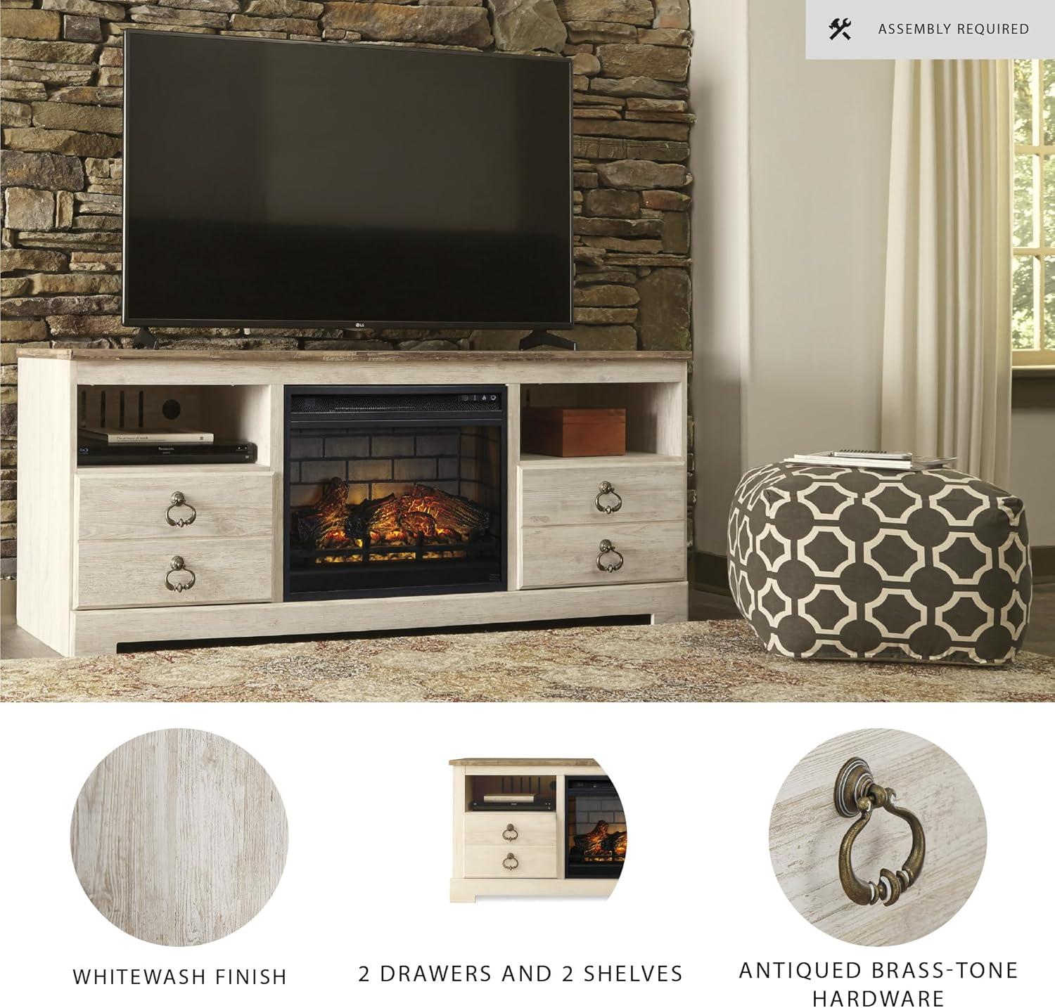 imageSignature Design by Ashley Entertainment Accessories Vintage 64quot TV Stand with Electric Fireplace and LED Lights for TVs up to 72quot WhitewashWhitewash